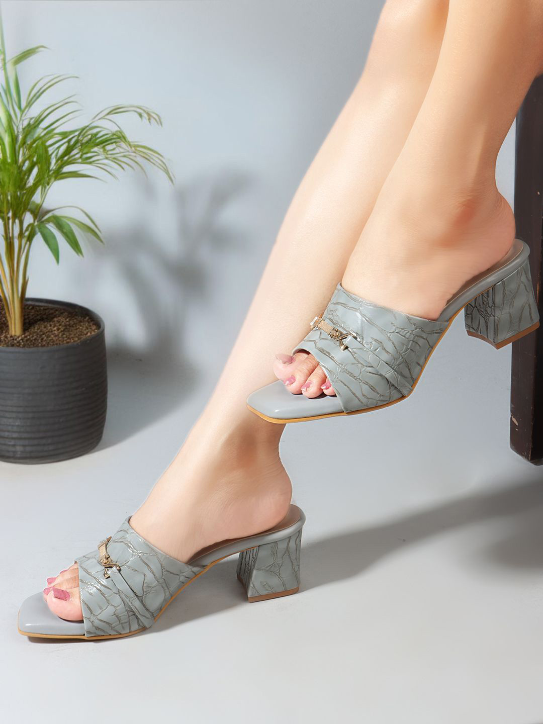 Carlton London Textured Block Heel Sandals With Buckles