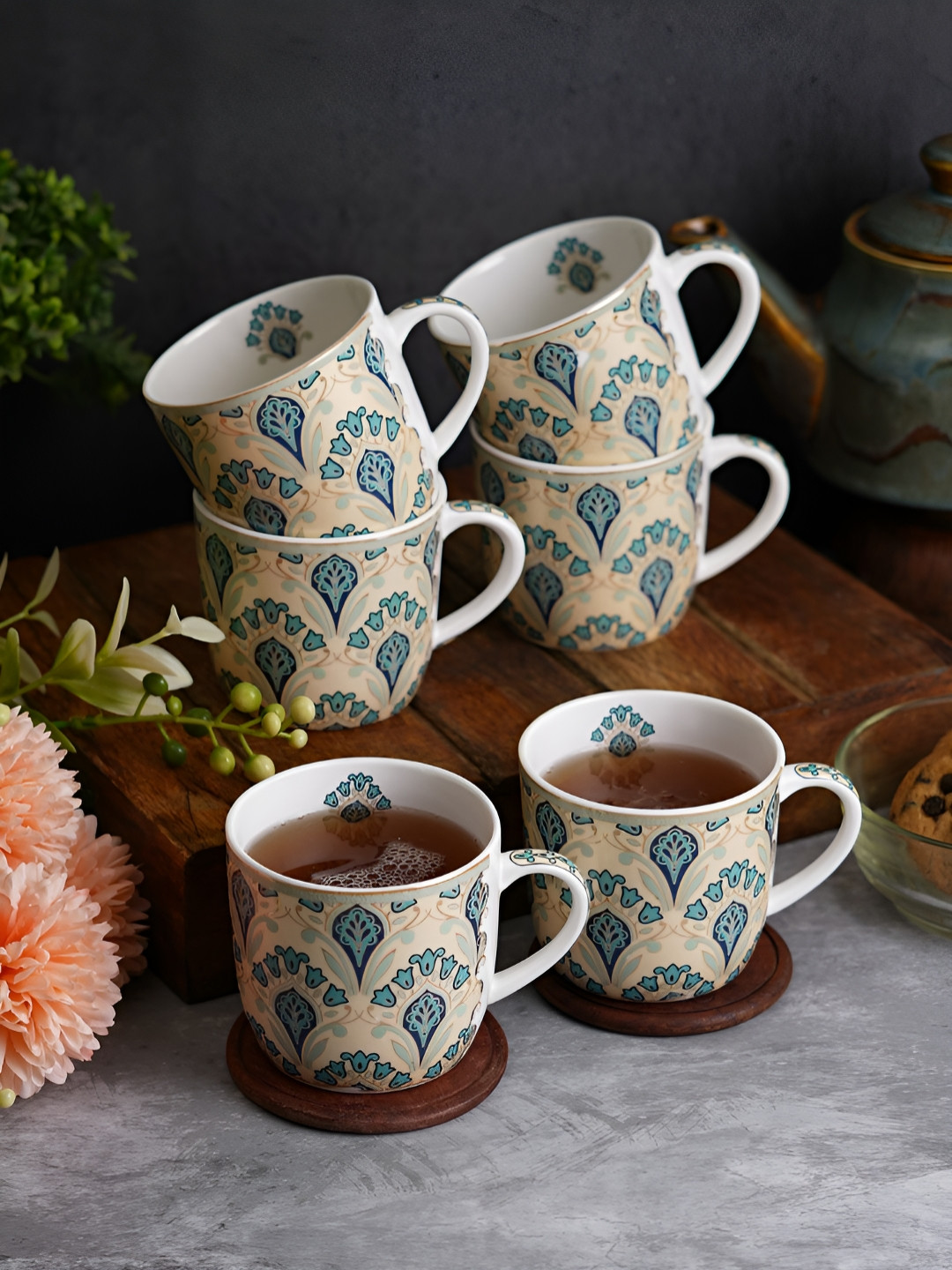 CDI Deer Blue Ethnic Motifs Bone China Microwave Safe 6 Piece Mug-150ml