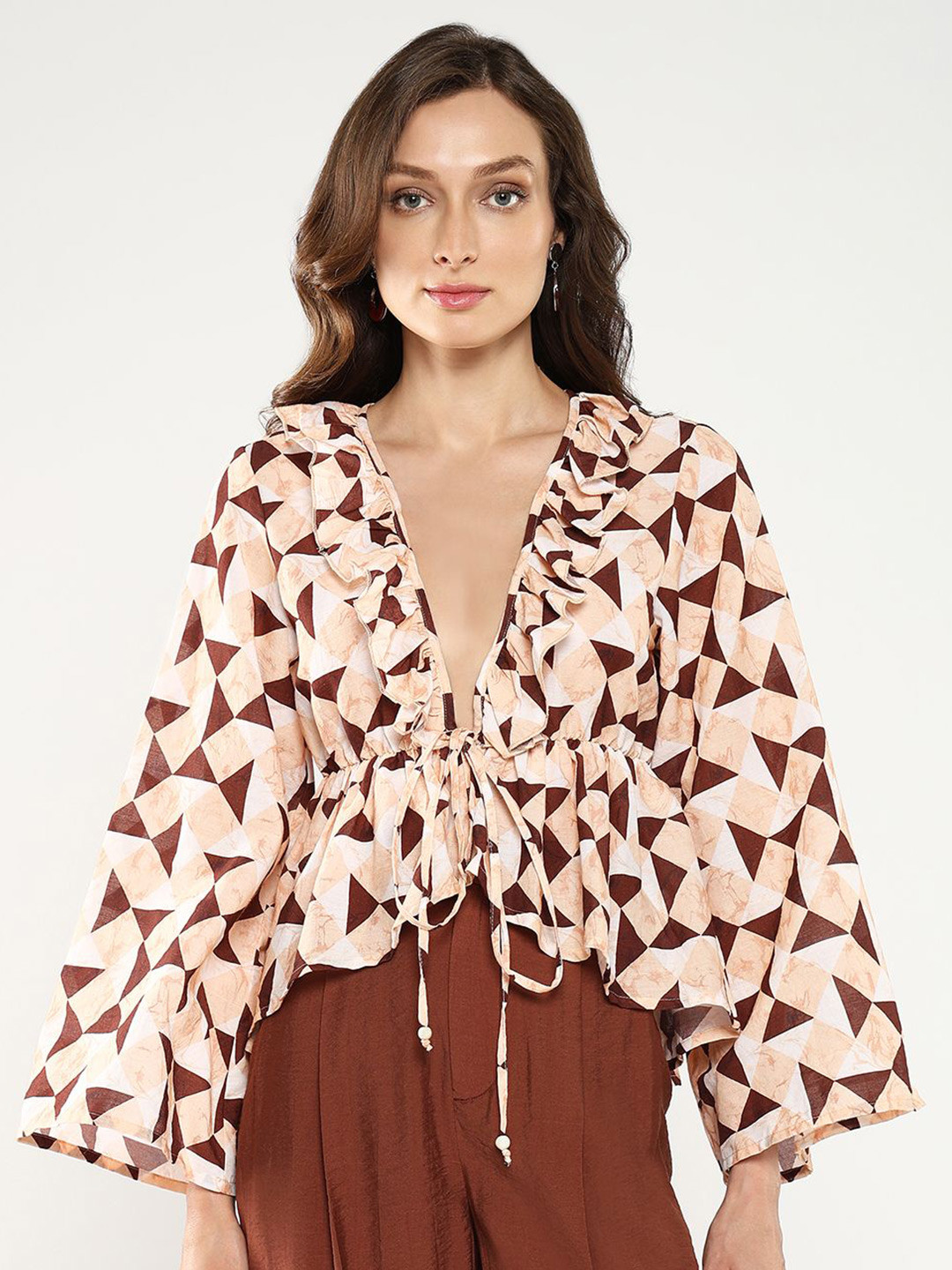 RAREISM Animal Print Tie-Up Neck Bell Sleeve Cotton Wrap Top