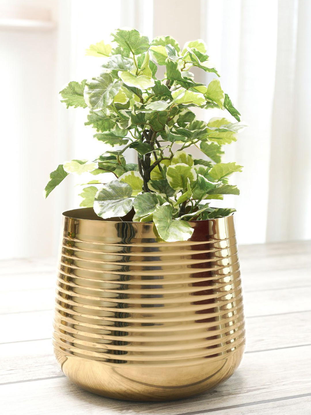 BEHOMA Gold Toned Medium Metal Ribbed Planter