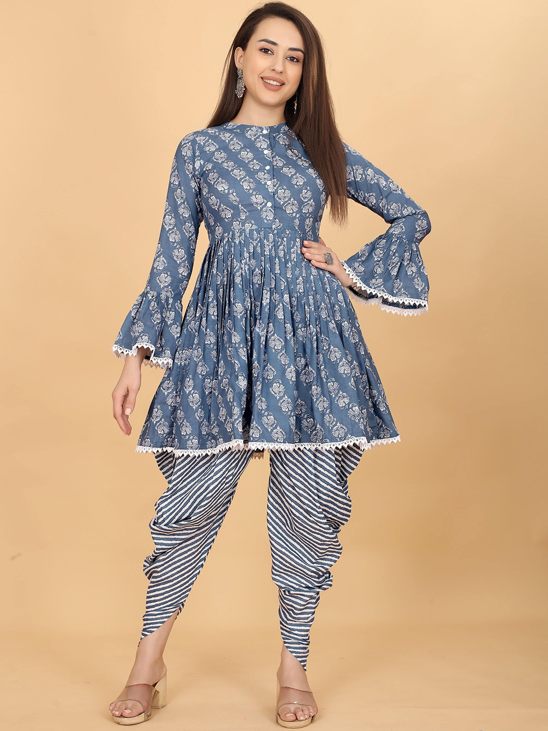 ODD BY Chansi TRENDZ Printed Band Collar Bell Sleeves A-Line Kurti With Dhoti Pants