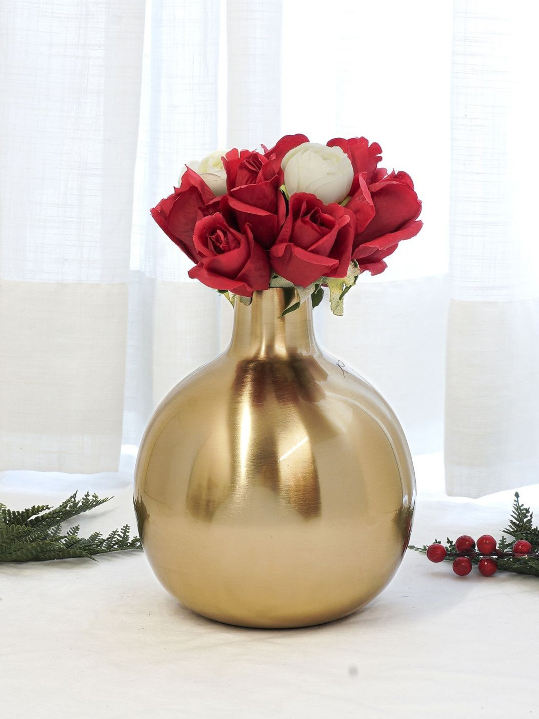 BEHOMA Glossy Golden Metal Round Shape Large Flower Vase