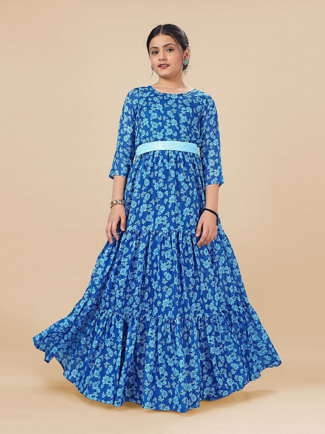 BAESD Girls Floral Print Satin Fit and Flare Maxi Ethnic Dresses