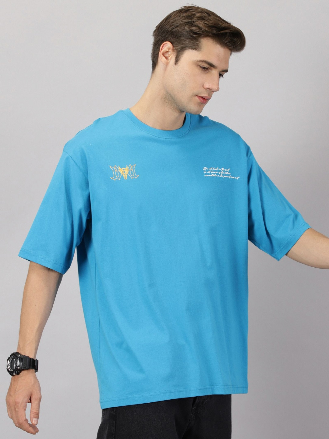 BLACK BUCK Men Pure Cotton Oversized Blue Tee Back Printed