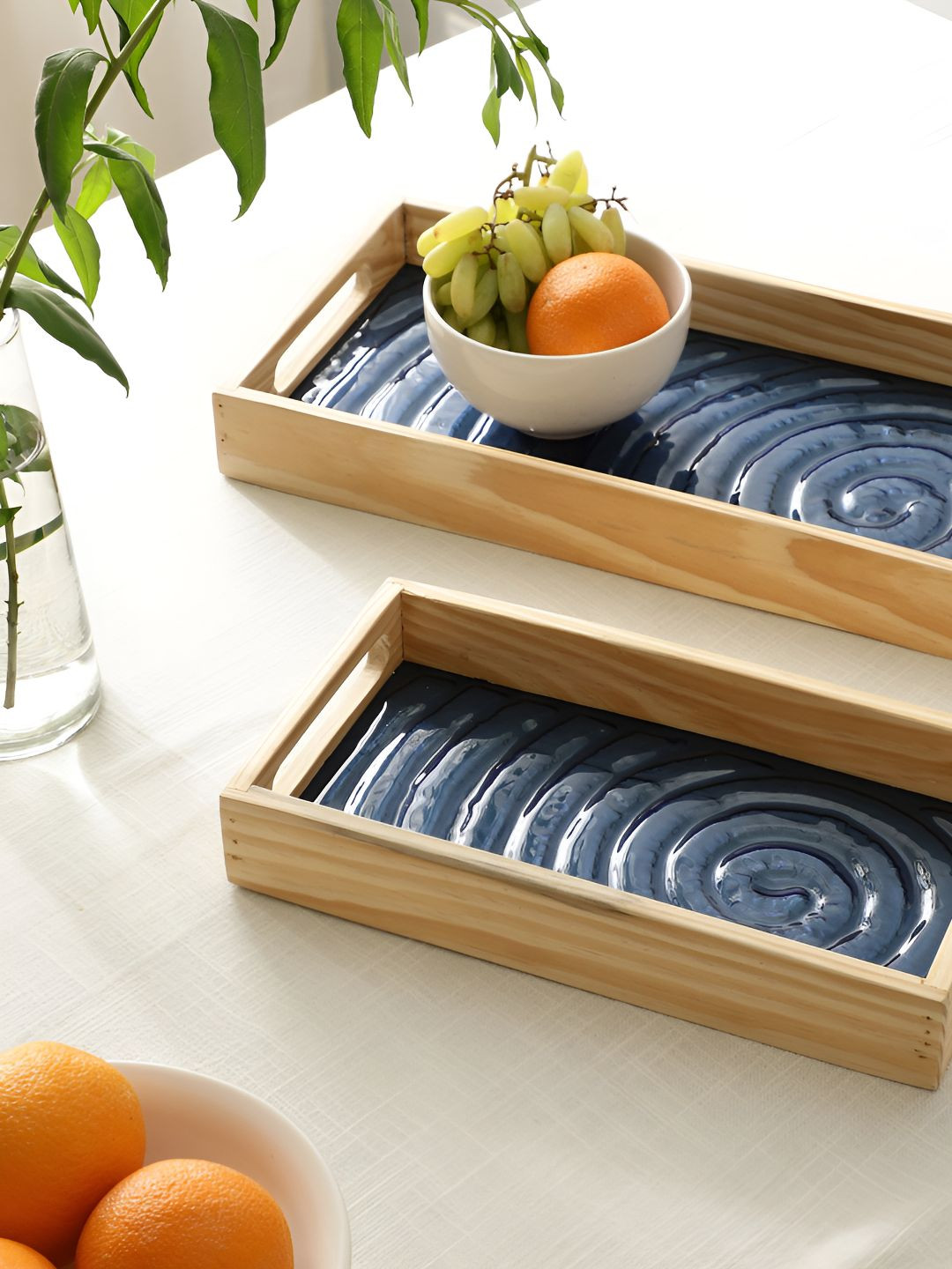 Decor de Maison Duran Blue & Beige 2 Pieces Spiral Rectangular Glass Trays