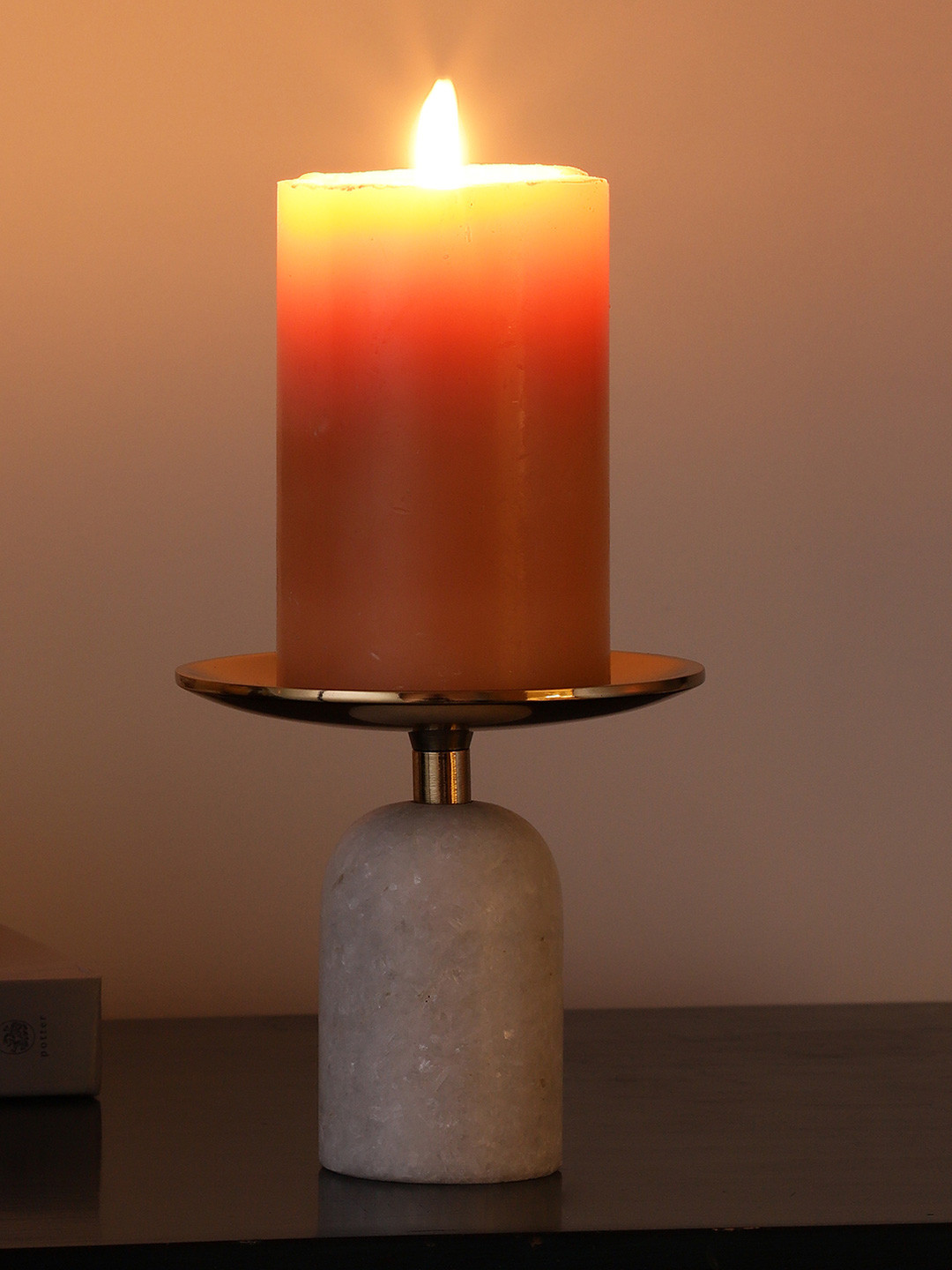 Decor de Maison Gold Toned & White Aluminium Pillar Candle Holder