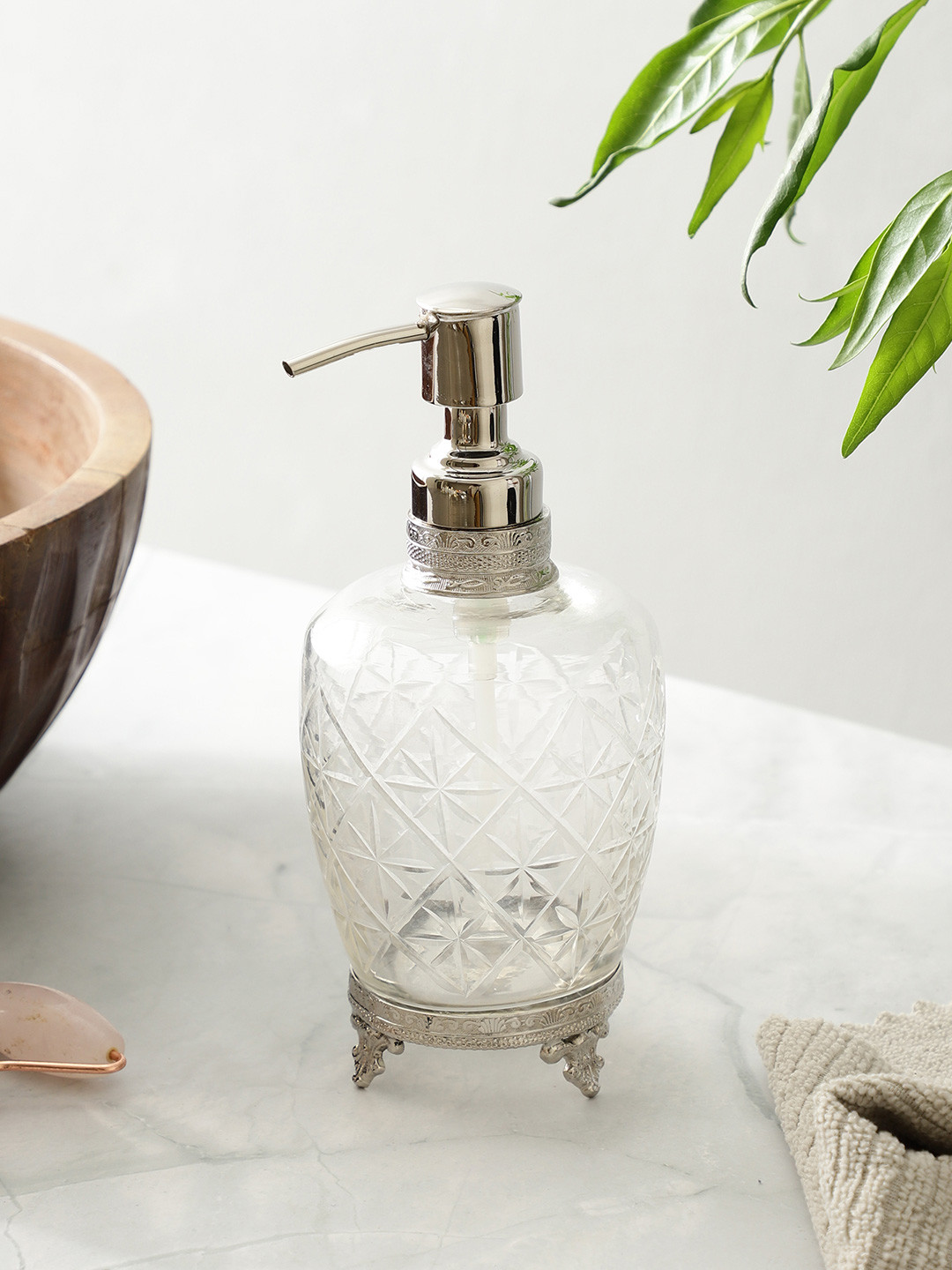 Decor de Maison Starlight Silver Toned & Transparent Textured Classic Glass Soap Dispenser