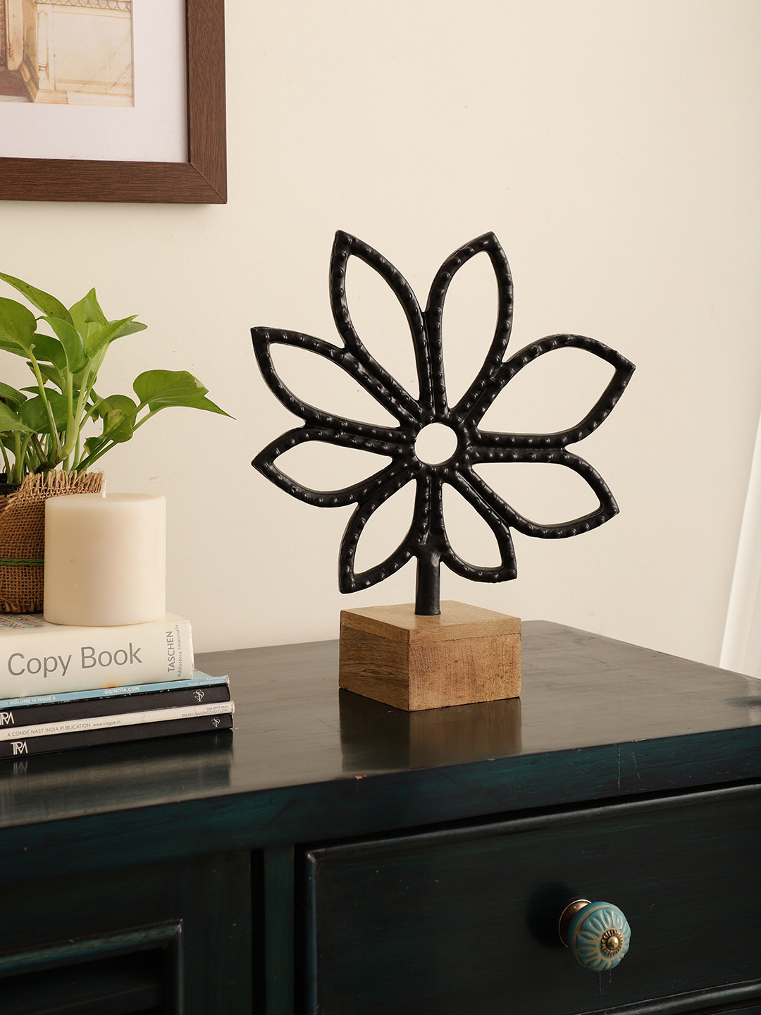 Maison Modern Flower Black Metal Metallic Home Office Medium Showpiece - 13.4 Inches