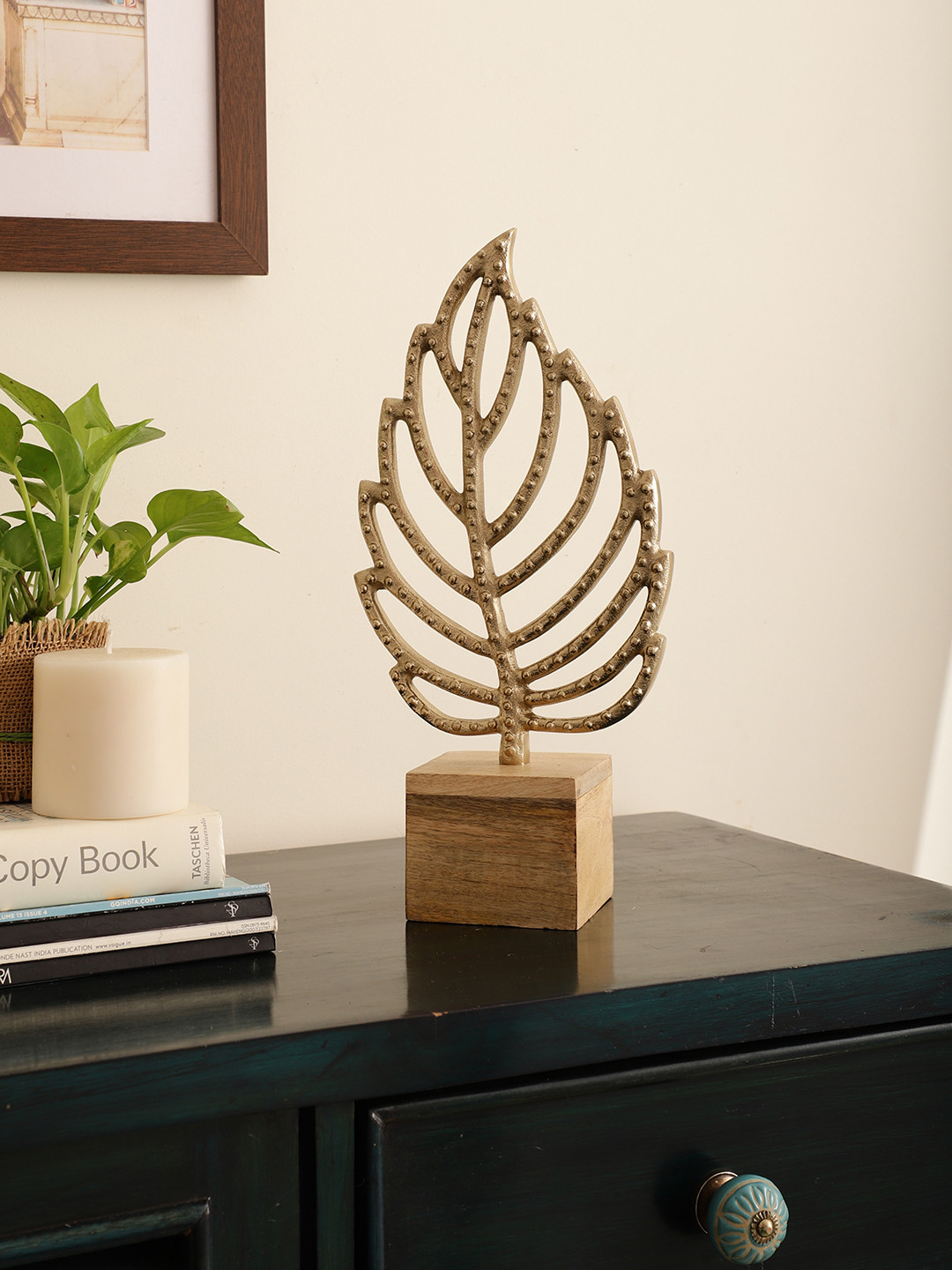 Maison Modern Autumn Leaf Beige Metal Matte Dining Room Medium Showpiece - 14 Inches