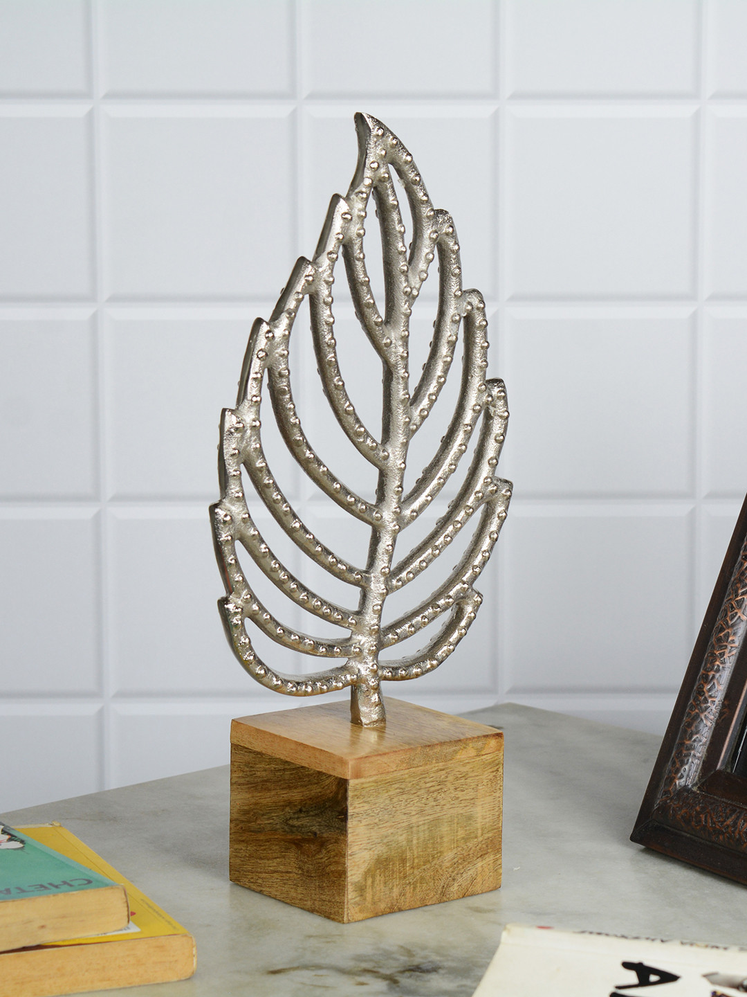 Maison Modern Autumn Breeze Leaf Silver Metal Metallic Living Room Medium Showpiece - 14 Inches