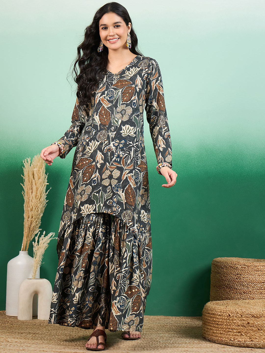 Sangria Floral Printed V-Neck High & Low A-Line Kurta With Sharara