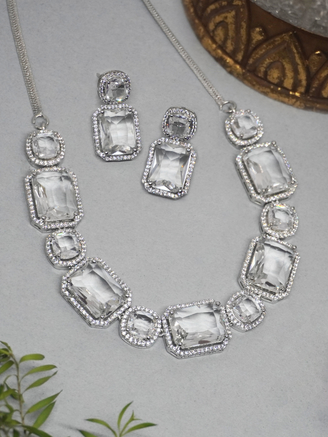 Niscka Rhodium-Plated Amrican Diamond Stone-Studded Jewellery Set