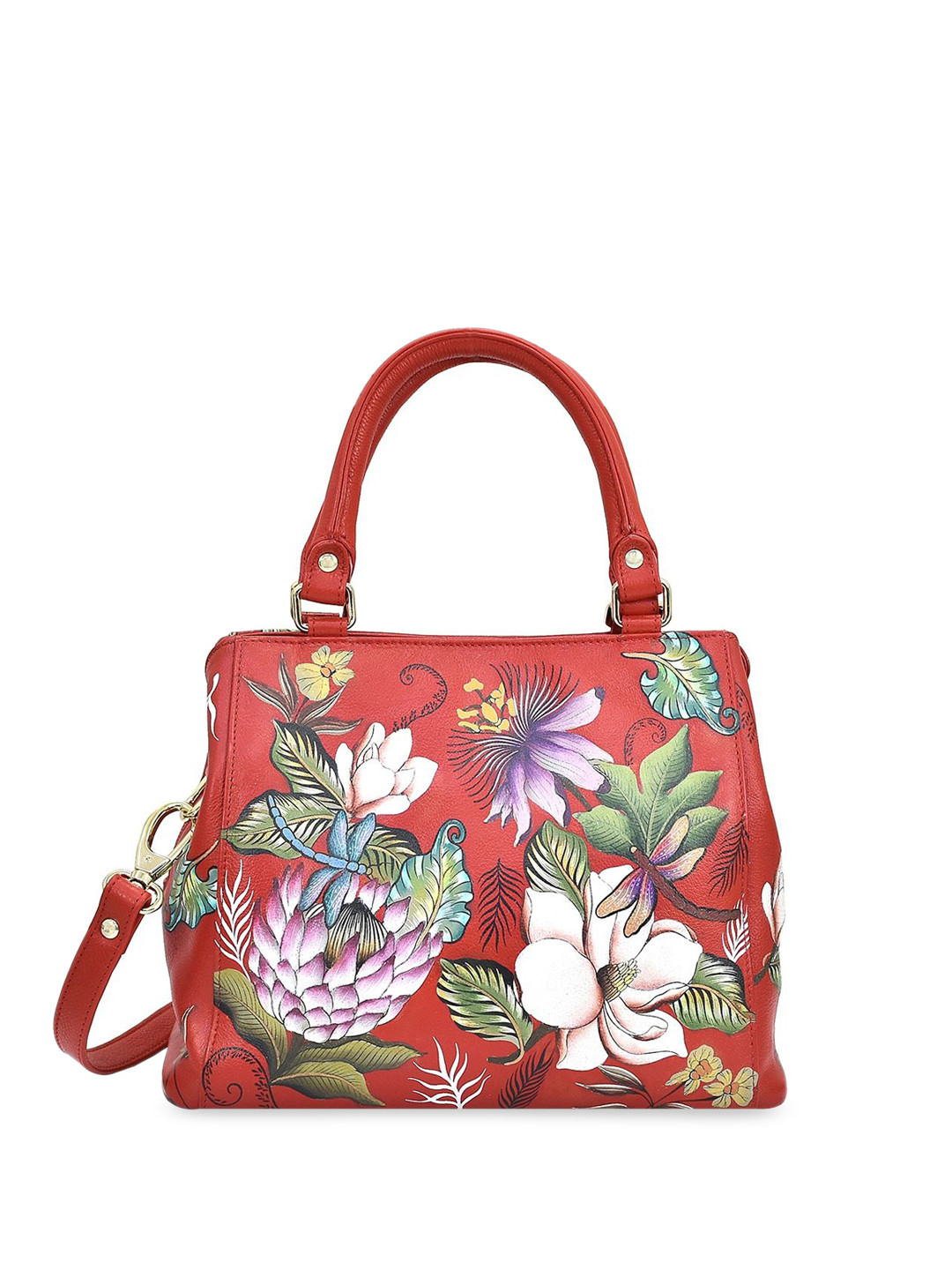Anuschka Hand Painted Crimson Garden Leather Multi Compartment Satchel