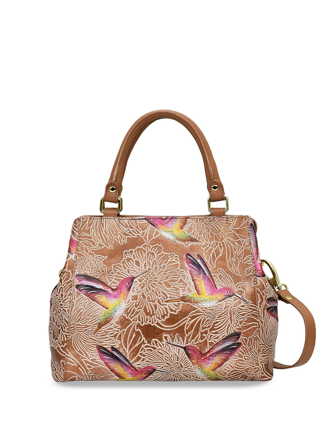Anuschka Hand Painted Tooled Birds Tan Leather Multi Compartment Satchel