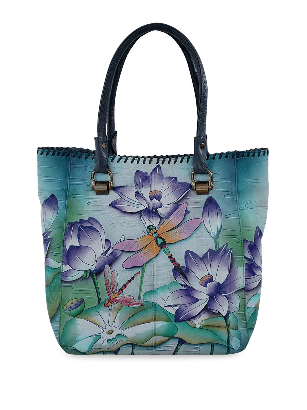 Anuschka Women Tranquil Pond Hand Painted Leather Tote Handbag with Double Handle