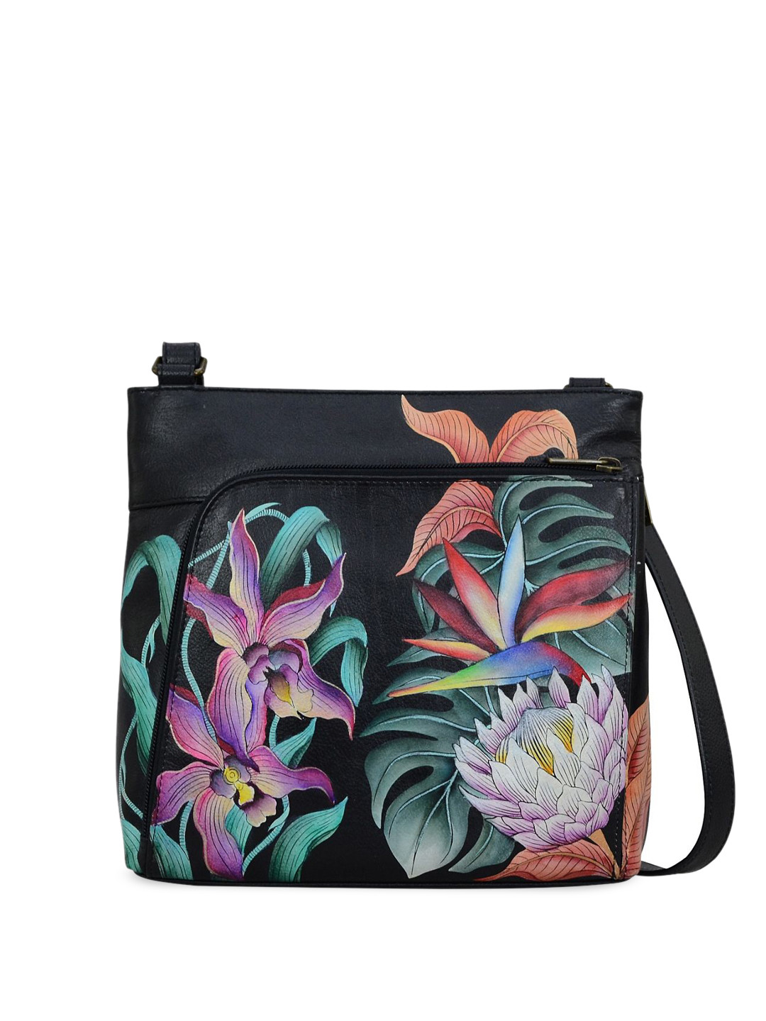 Anuschka Women Island Escape Black Hand Painted Leather Crossbody Handbag