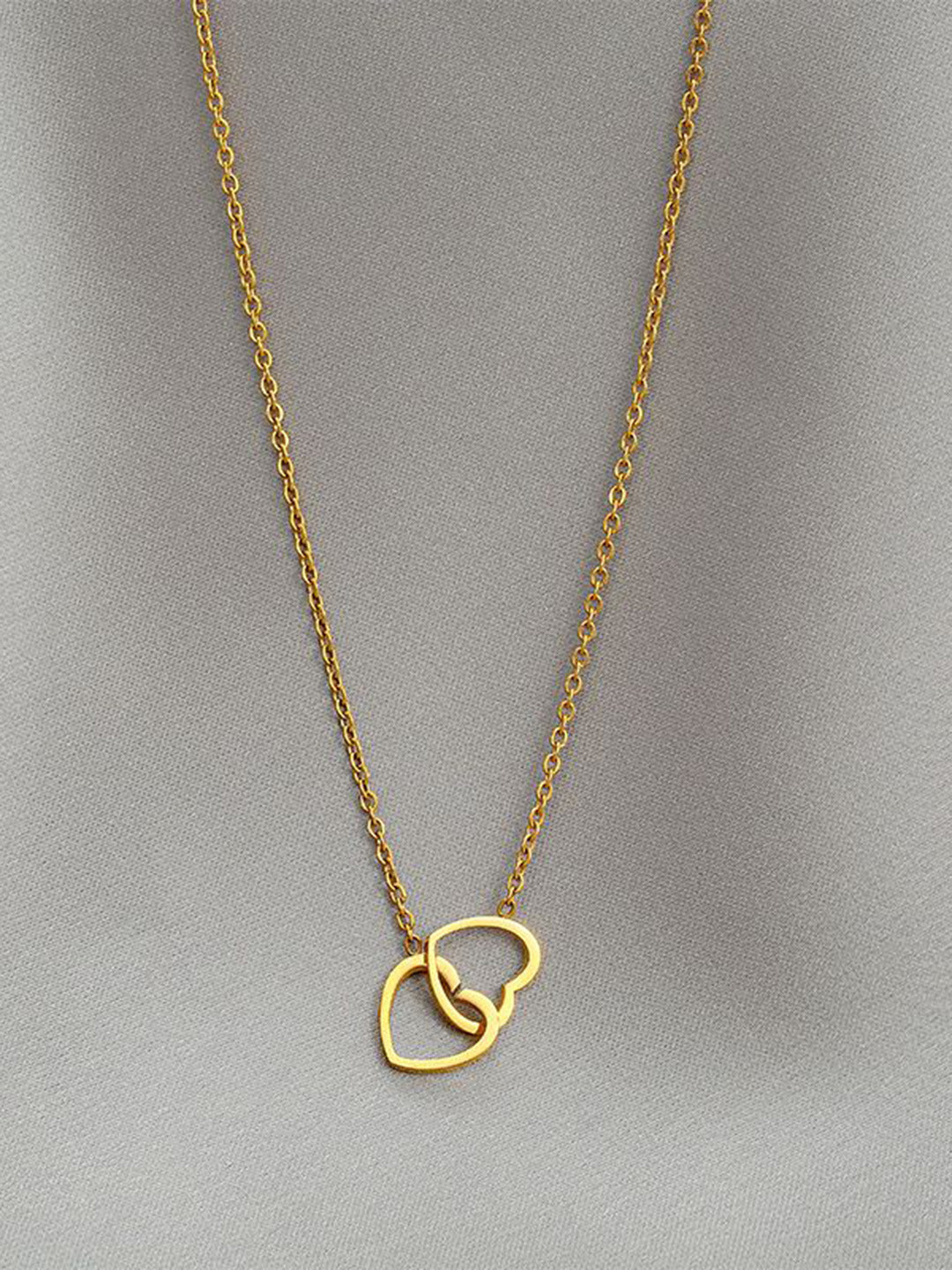 MYKI Gold-Plated Stainless Steel Cubic Zirconia Double Heart Pendant With Chain