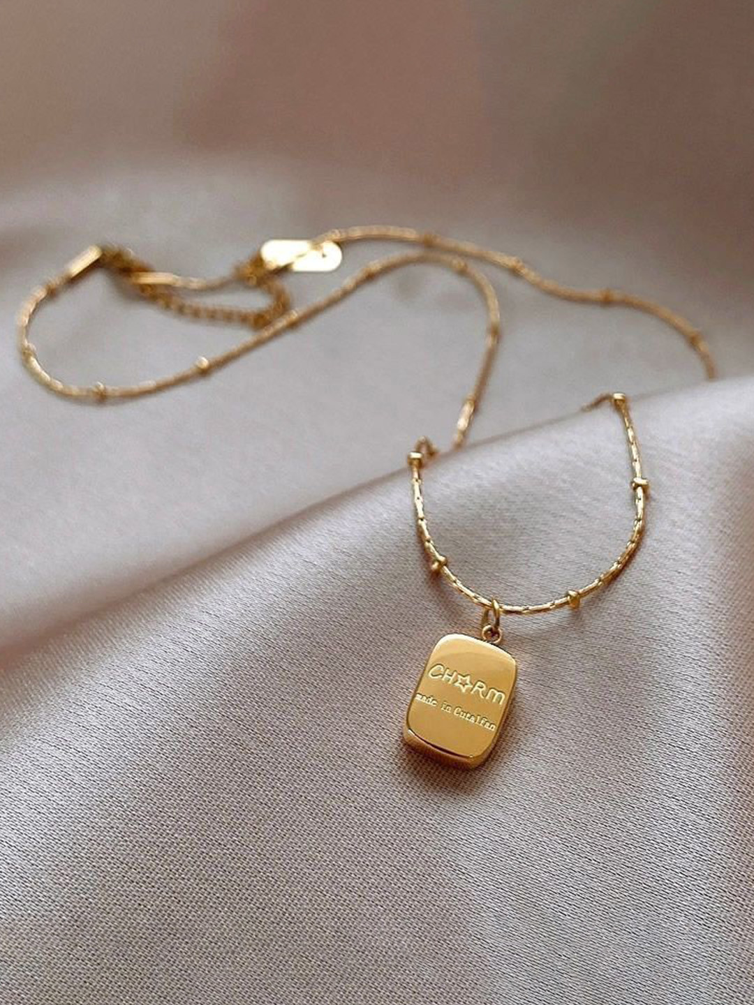 MYKI Gold-Plated Stainless Steel Cubic Zirconia Square Pendans With Chain