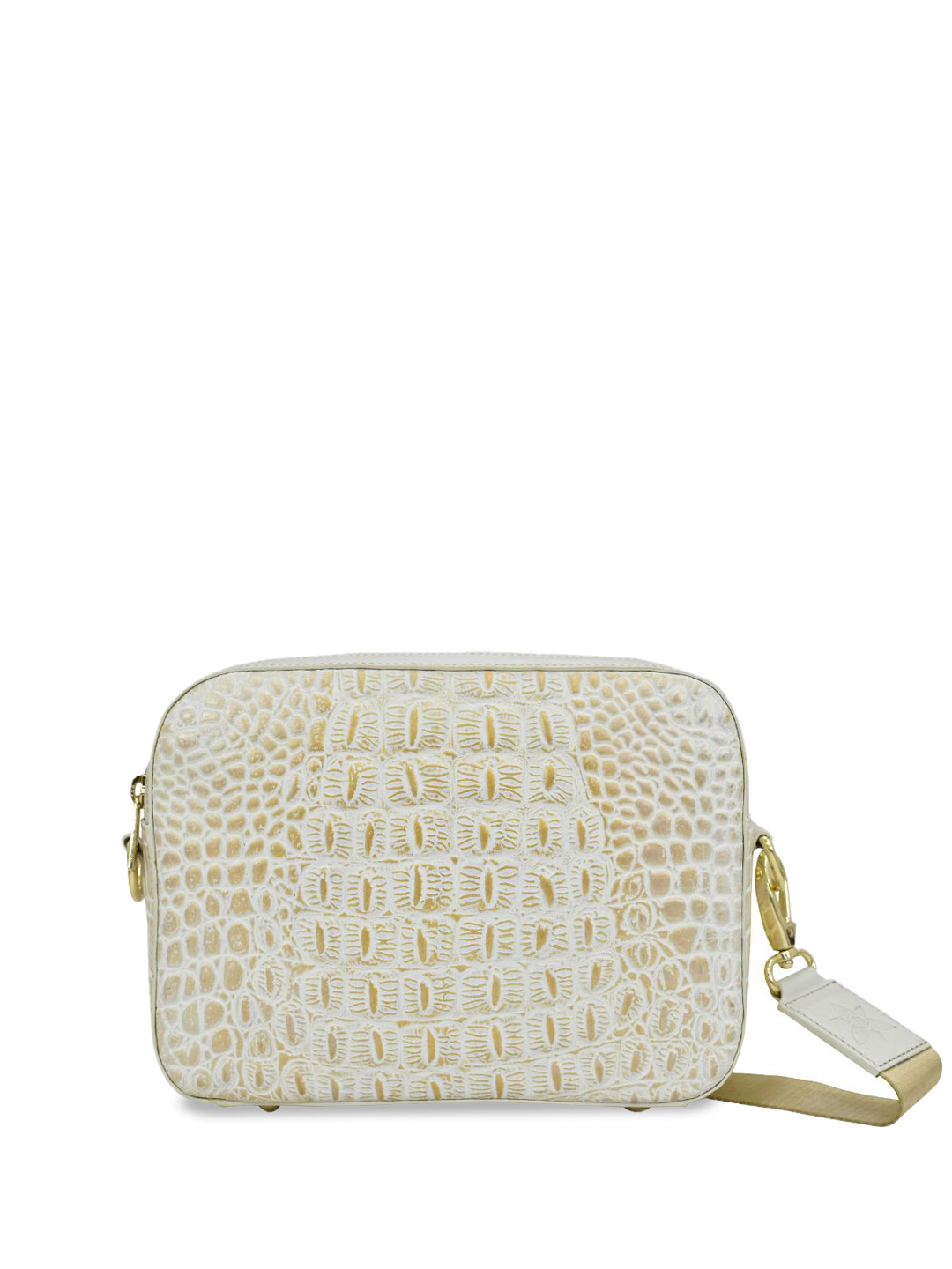 Anuschka Women's Croc Embossed Cream Gold Handpainted Leather Crossbody Messenger Bag