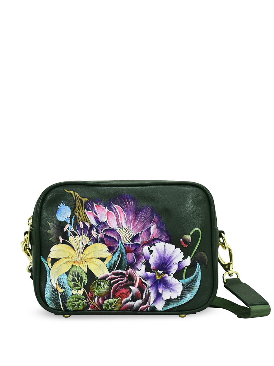 Anuschka Women Vintage Floral Handpainted Leather Crossbody Messenger Bag