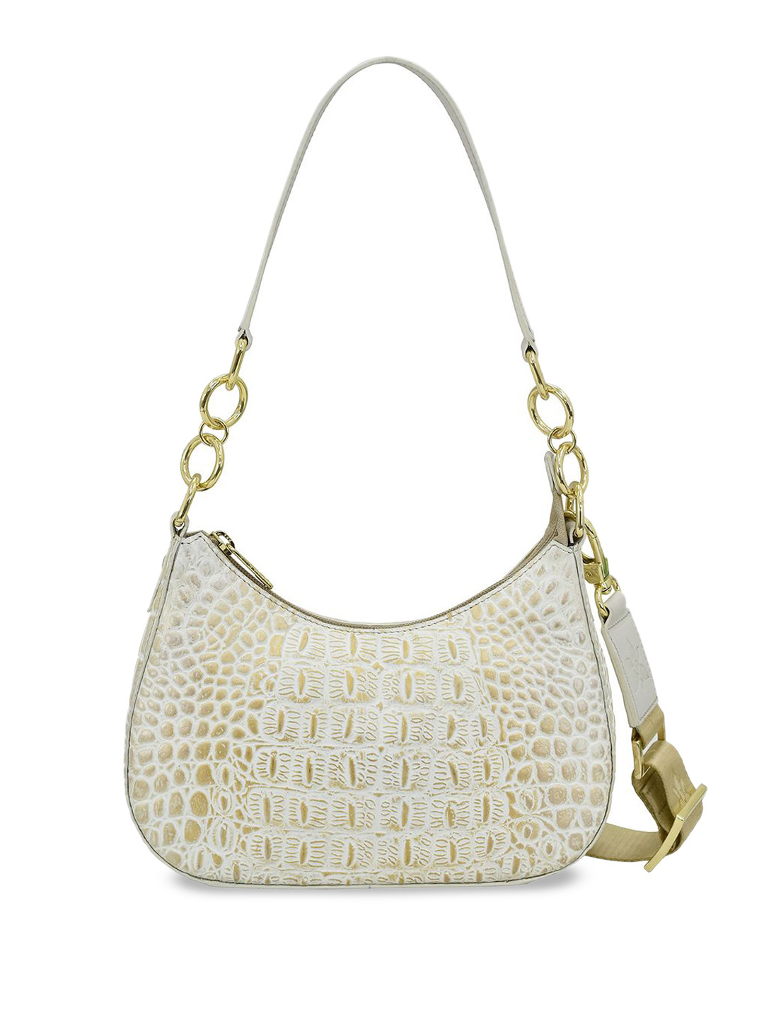 Anuschka Women's Croc Embossed Cream Gold Handpainted Leather Small Convertible Hobo
