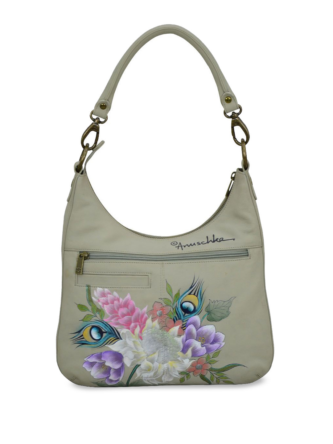 Anuschka Women Regal Peacock Hand Painted Leather Slim Convertible Crossbody Handbag Hobo Bag