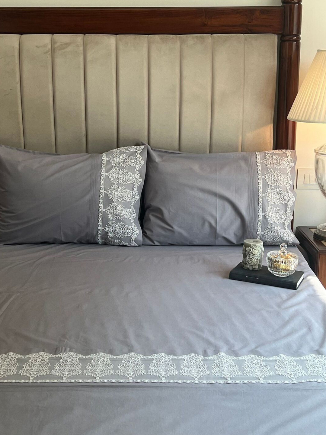 Sadyaska Chantilly Grey Ethnic Motifs Cotton 250 TC King Fine Bedsheet with 2 Pillow Covers-274 x 274 cm