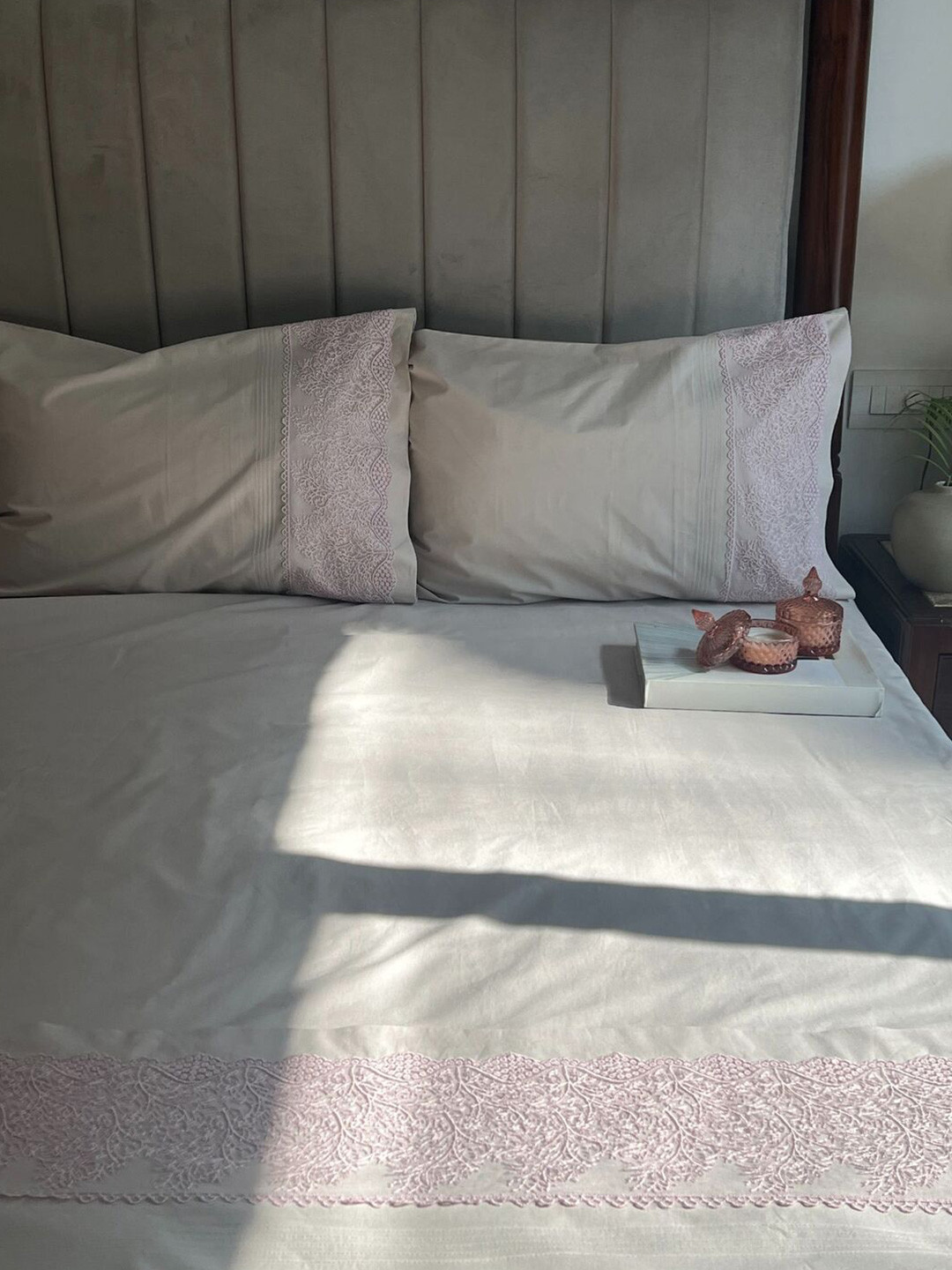 Sadyaska Chantilly Beige Self design Cotton 210 TC King Fine Bedsheet with 2 Pillow Covers-274 x 274 cm