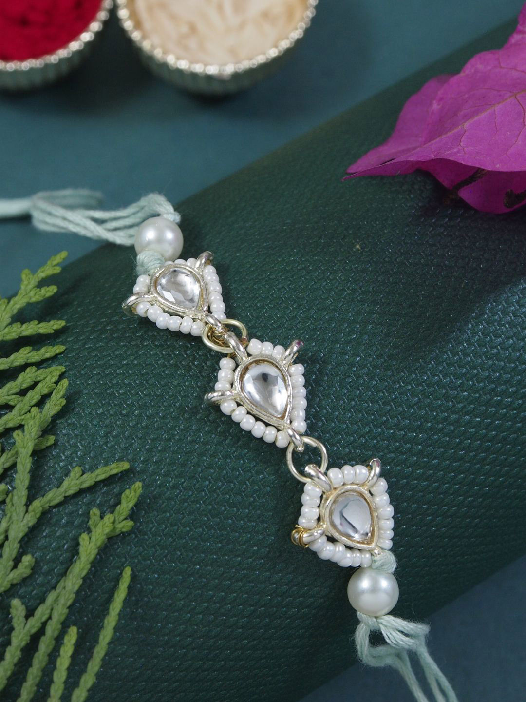I Jewels Kundan Studded Pearl Beaded Thread Rakhi With Roli Chawal & Rakshabandhan Card