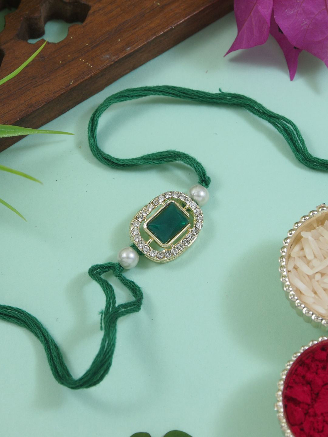 I Jewels Kundan Studded Pearl Beaded Thread Rakhi With Roli Chawal & Rakshabandhan Card