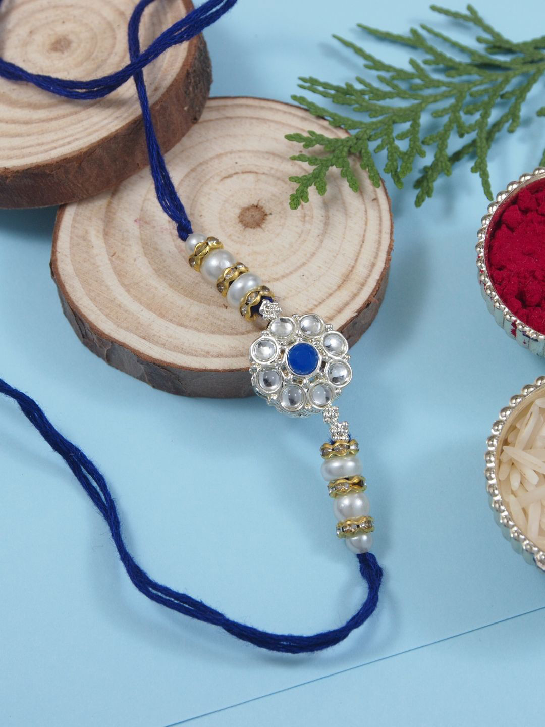 I Jewels Kundan Studded Pearl Beaded Thread Rakhi With Roli Chawal & Rakshabandhan Card