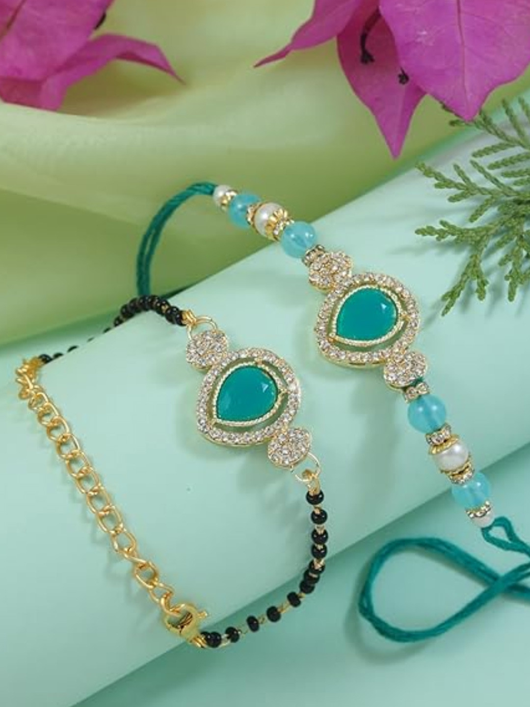 I Jewels Kundan Studded Bhaiya Bhabhi Mangalsutra Bracelet Rakhis With Roli Chawal