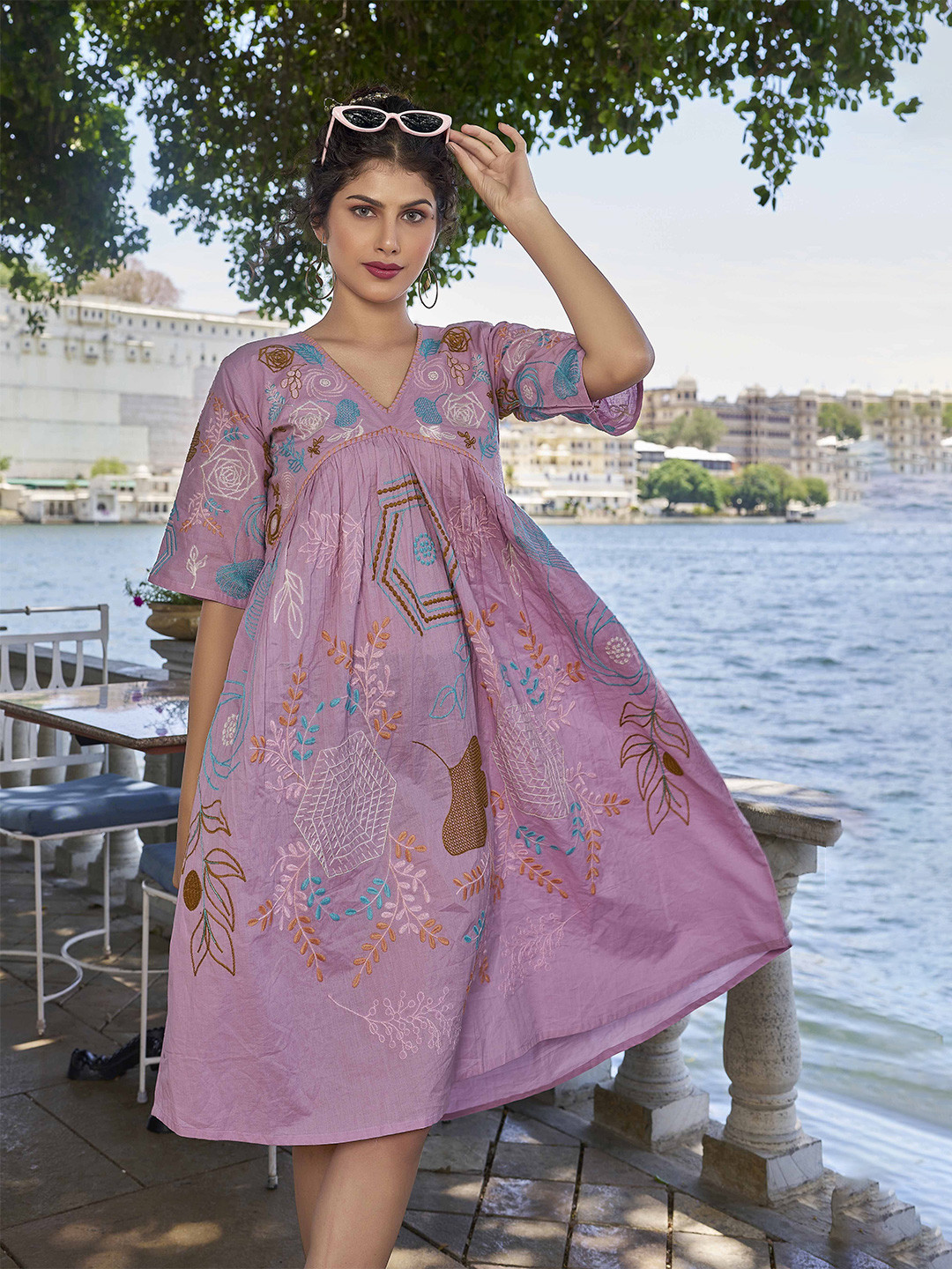 Kesudi Women Floral Print Flared Sleeve A-Line Knee Length Dress