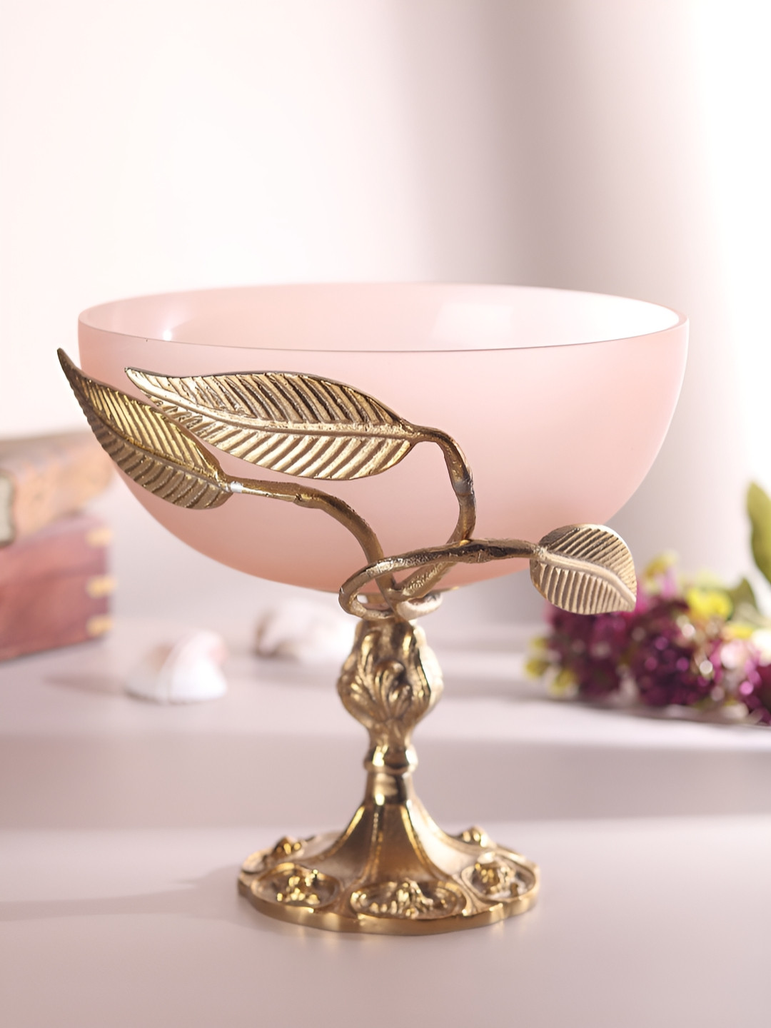 Decor de Maison Peach & Gold Toned Glass Decorative Bowl With Metal Stand