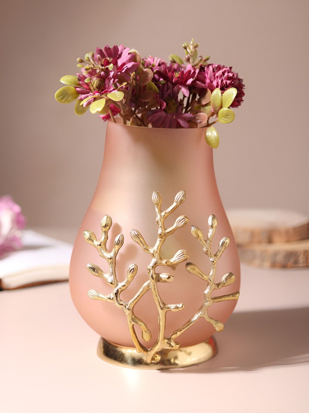Decor de Maison Peach Coloured & Gold toned Floral Lamp Shape Vase