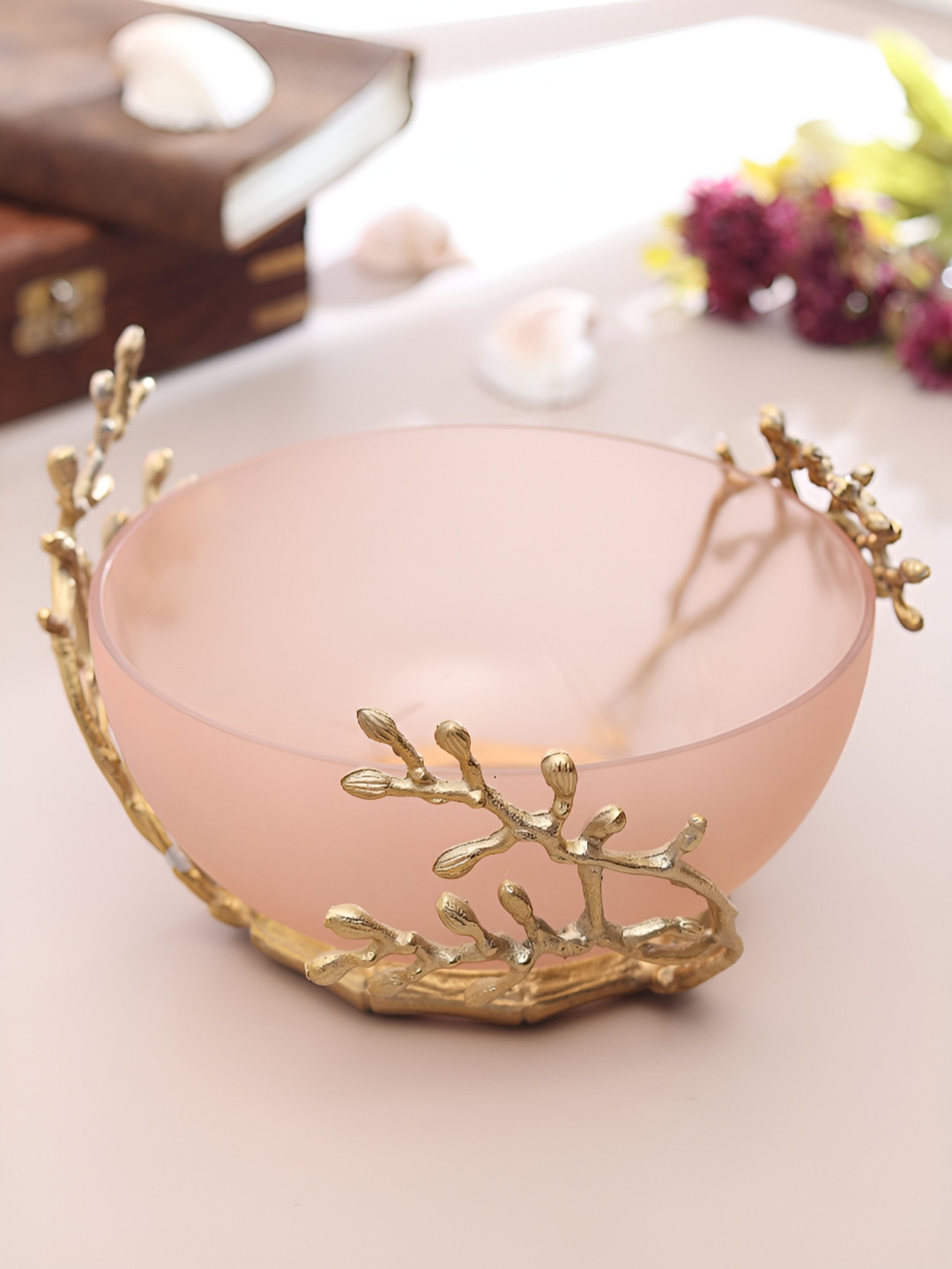 Decor de Maison Peach & Gold Toned Glass Decorative Bowl With Metal Base