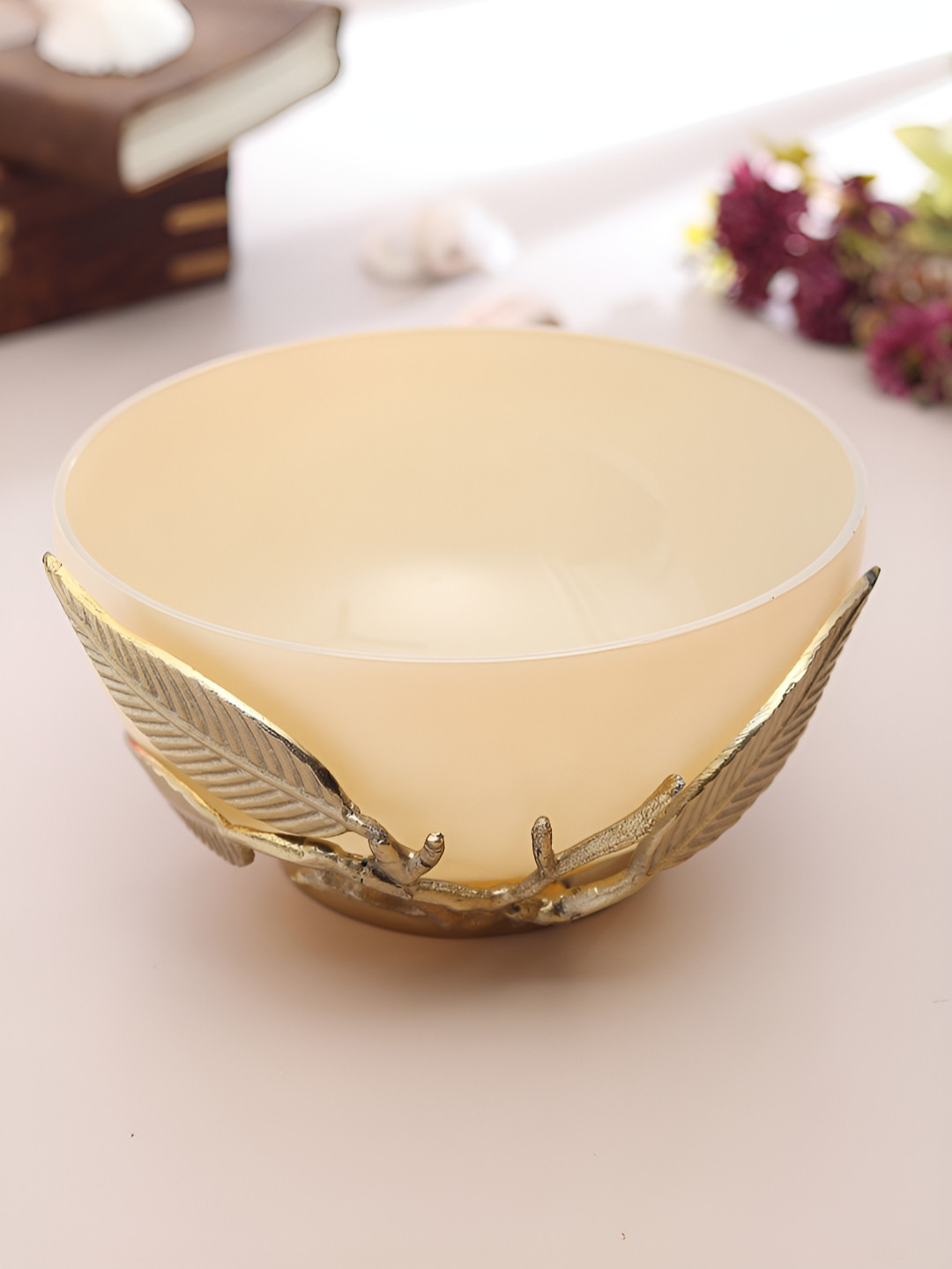 Decor de Maison Cream & Gold Toned Glass Decorative Bowl With Metal Base