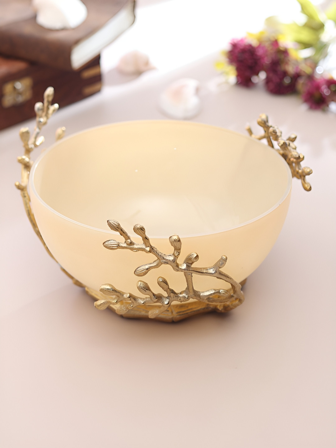 Decor de Maison Cream & Gold Toned Floral Glass Decorative Bowl