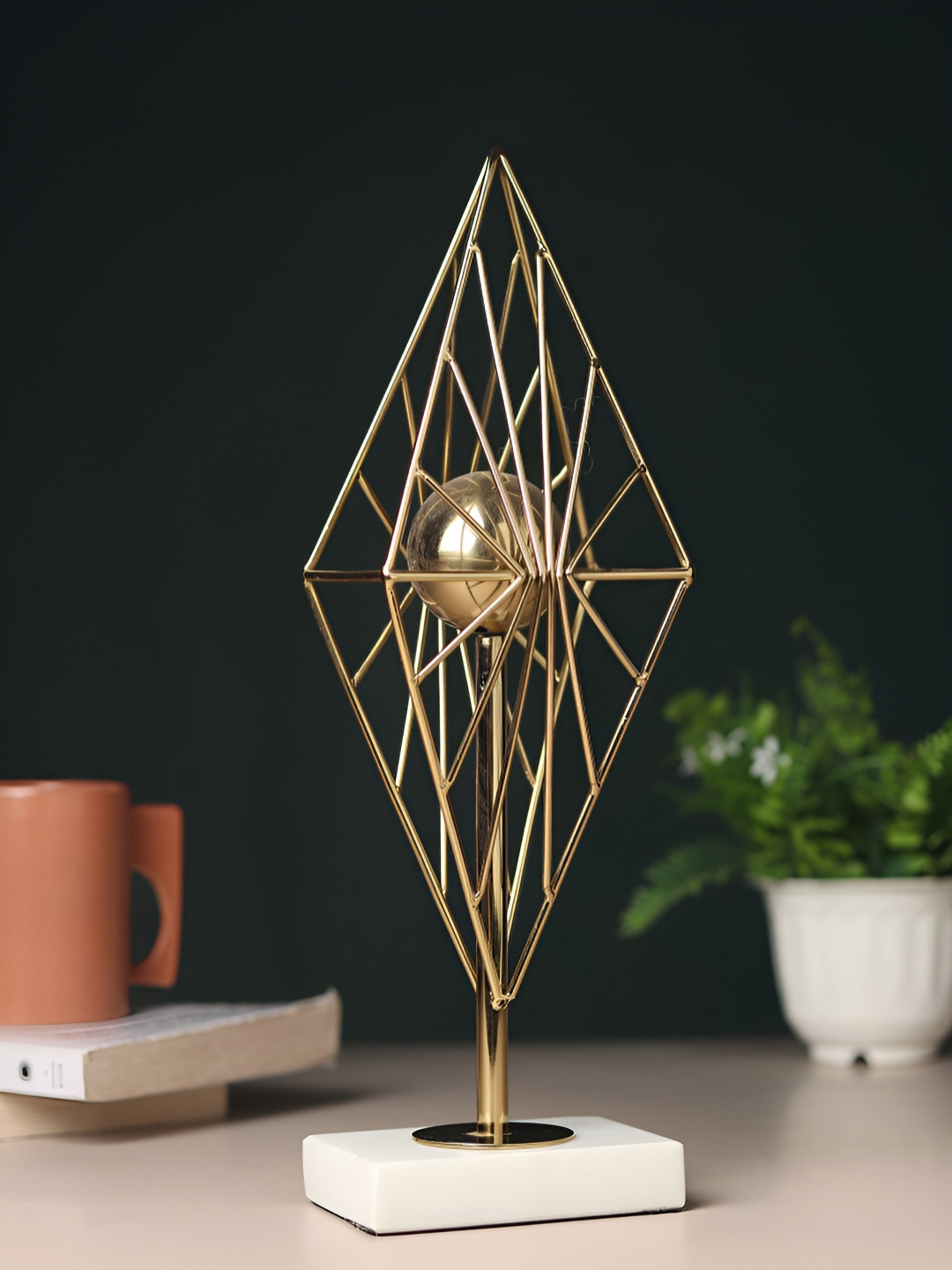 Decor de Maison Diamond Prism Gold Metal Metallic Home Office Small Showpiece - 13.4 Inches