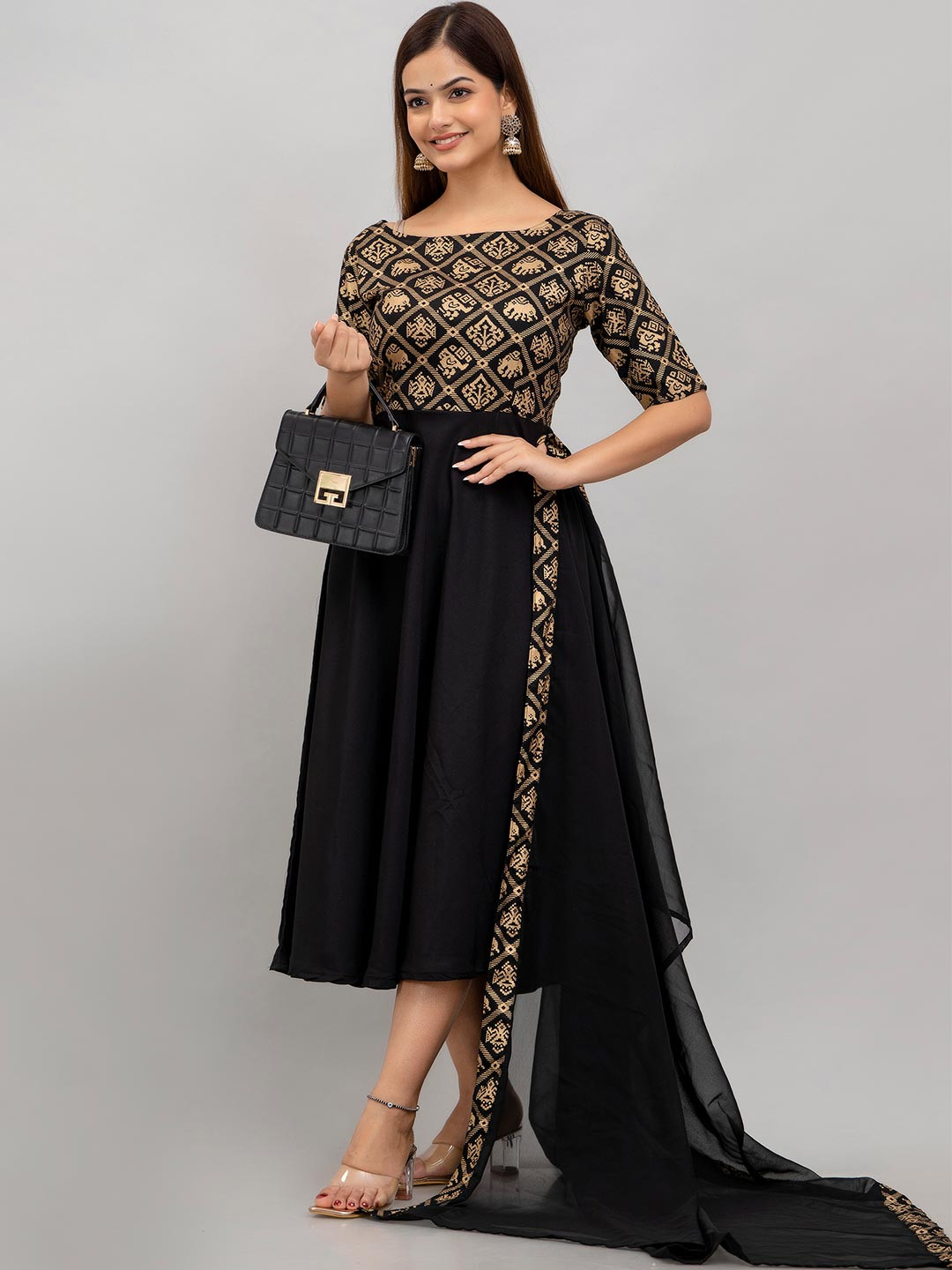 Shedika Printed Ethnic Motifs Flared Ethnic Dresses With Dupatta