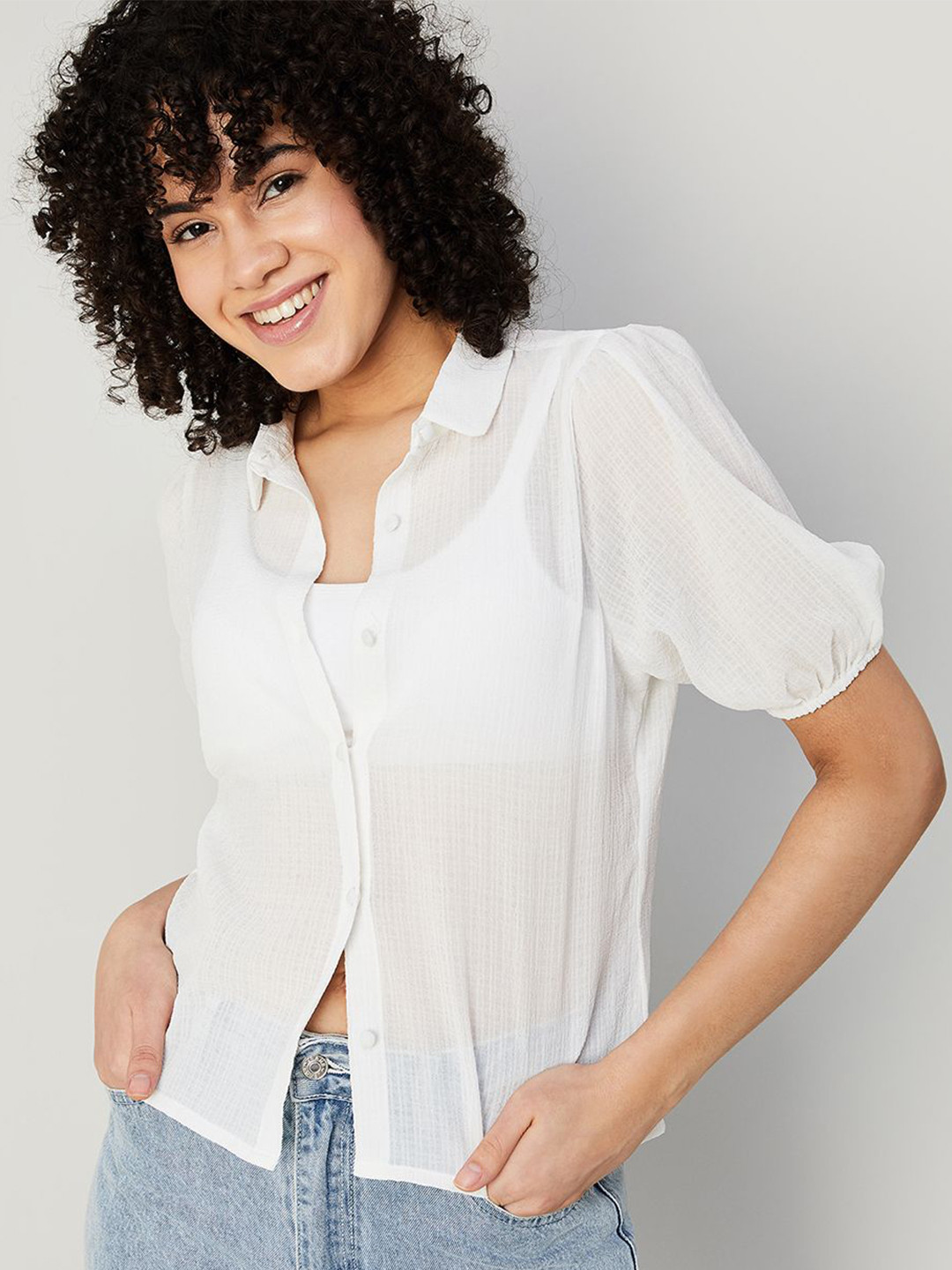 Fame Forever by Lifestyle Mandarin Collar Puff Sleeve Top