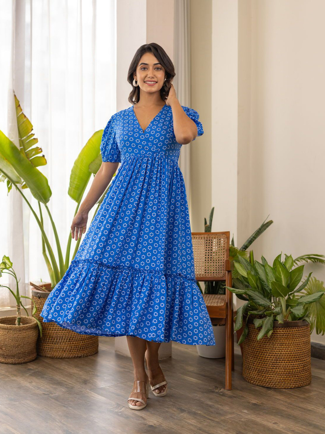 Polago Clothing Floral Printed Puff Sleeves Maternity Cotton Fit and Flare Midi Dress