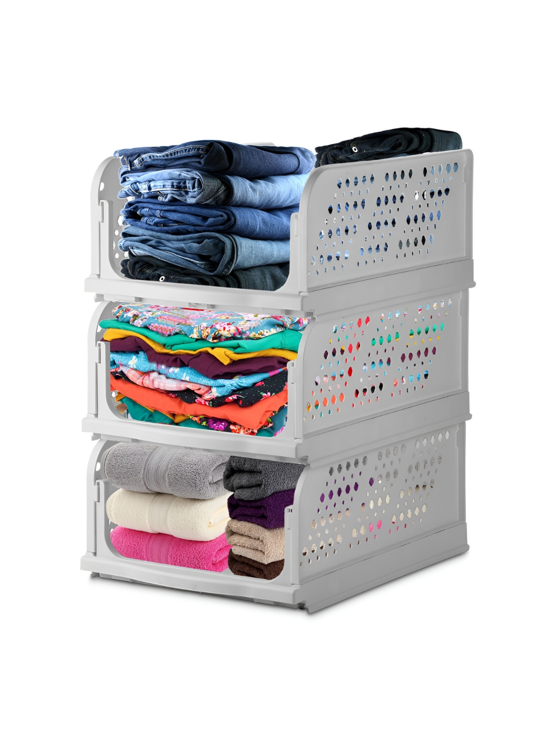 Nayasa Grey Set of 3 Multipurpose Foldable and Stackable Plastic Cupboard Organisers