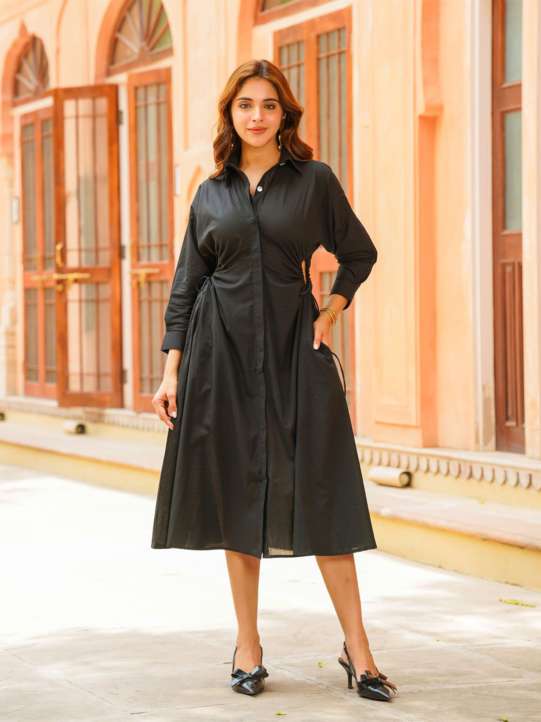 Ambraee Cotton Shirt Collar Cut-Outs Shirt Midi Dress