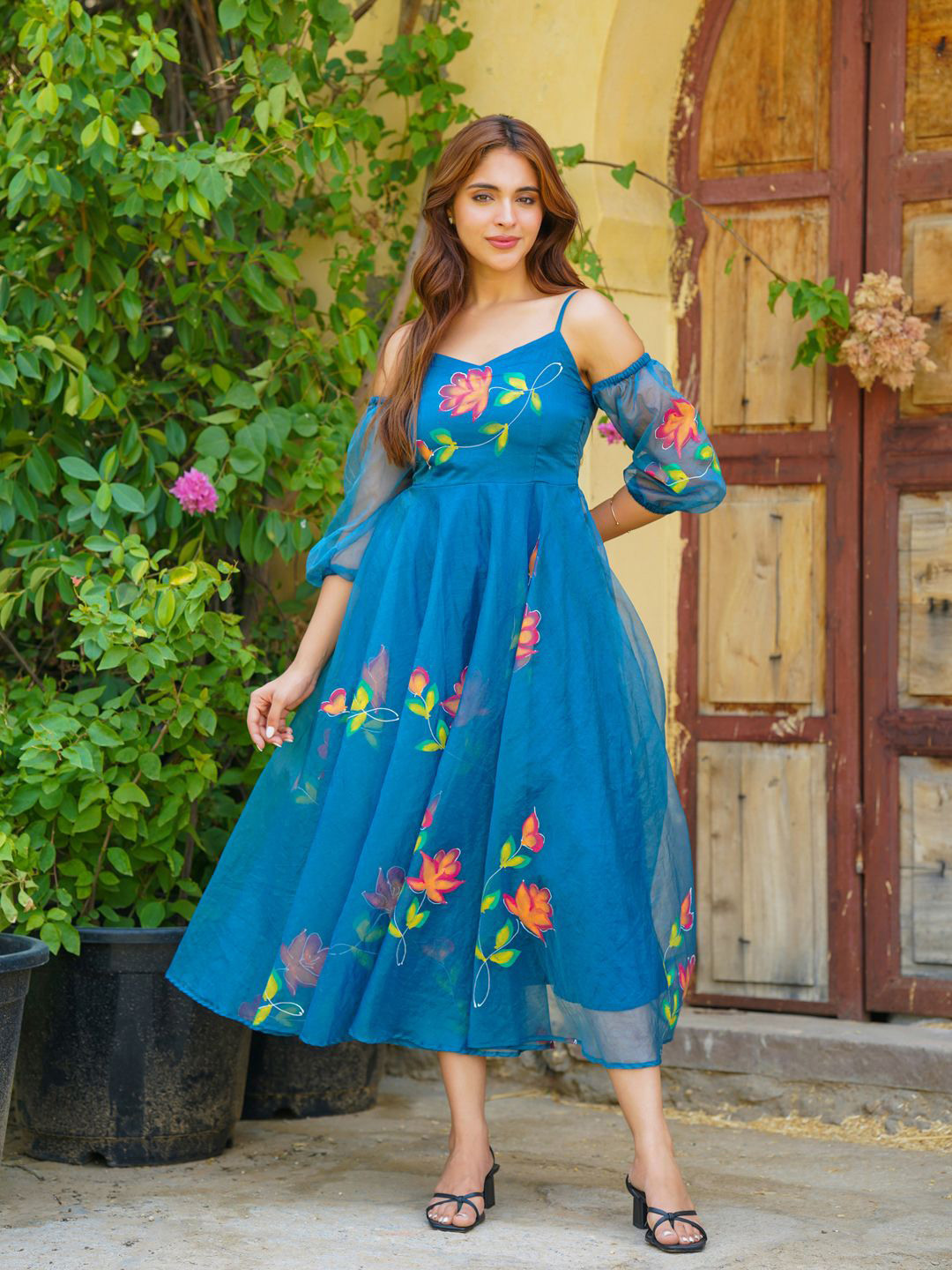 Ambraee Women Floral Hand Painted A-Line Dress