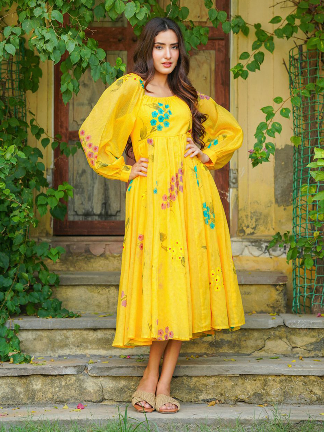 Ambraee Floral Hand Painted Puff Sleeve Georgette Fit & Flare Dress