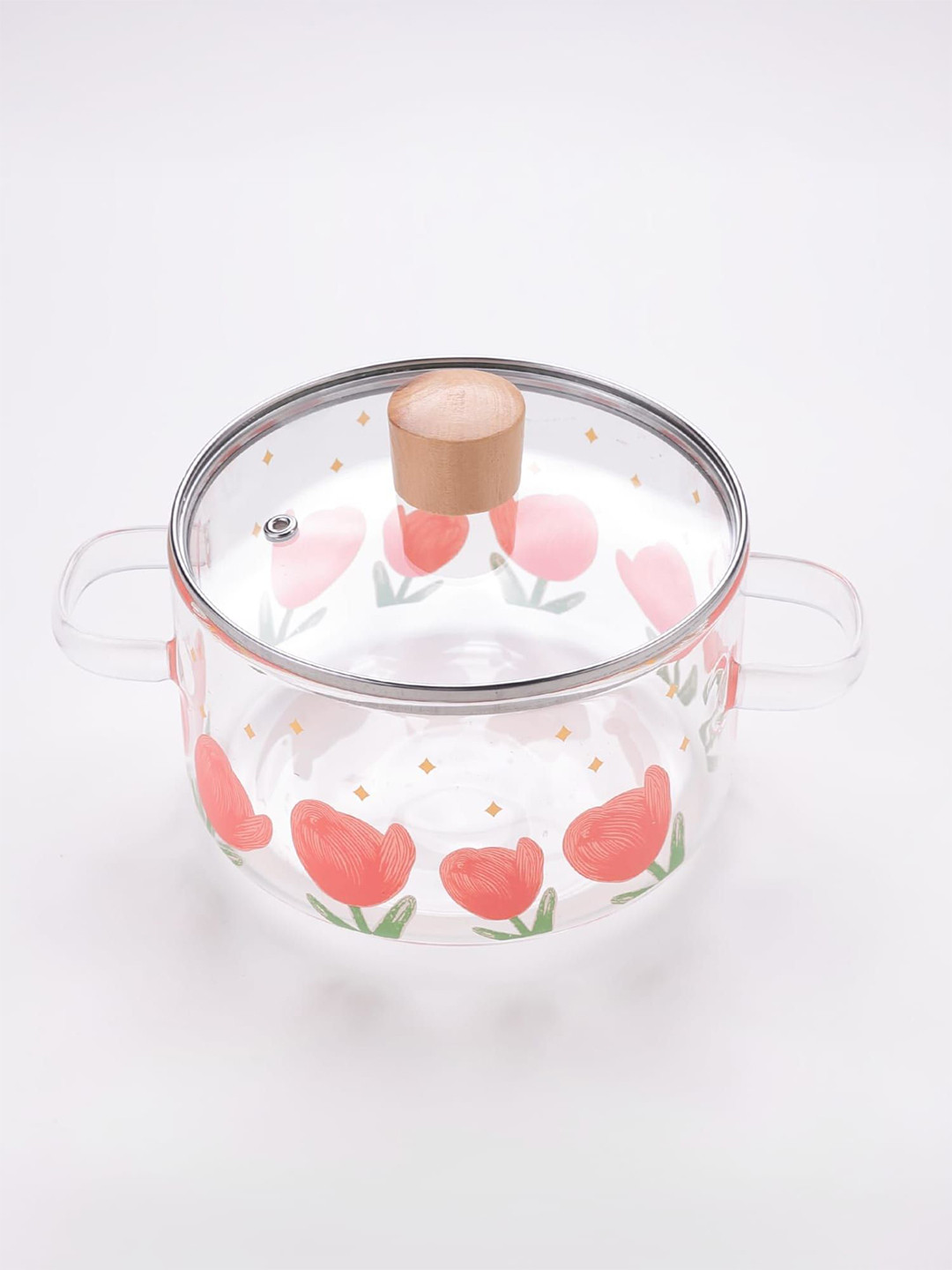 Kuber Industries Pink & Transparent Printed Glass Dishwasher Safe Tope With Lid & Handle