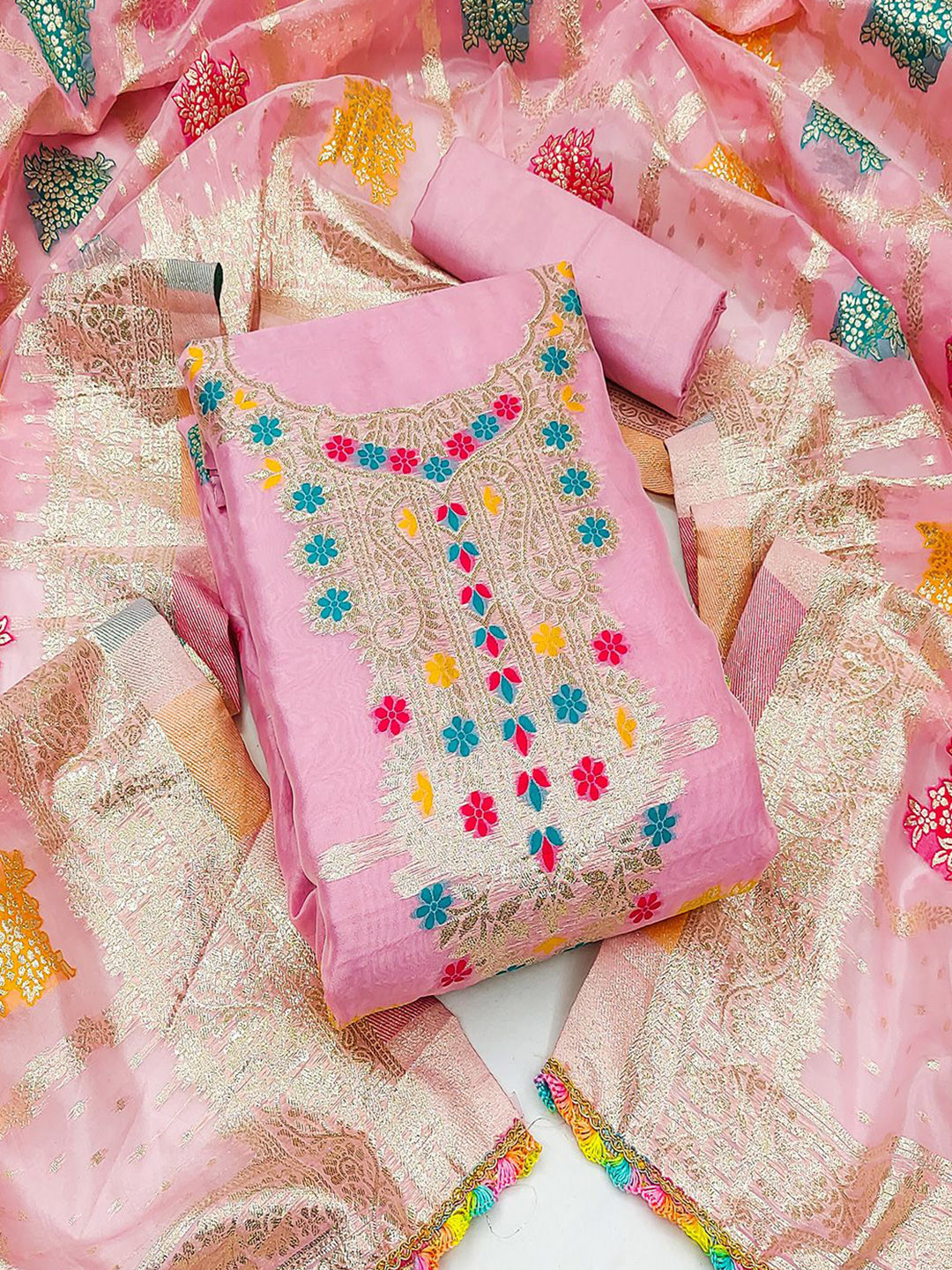 Lilots Floral Woven Design Zari Work Organza Silk Jacquard Unstitched Dress Material