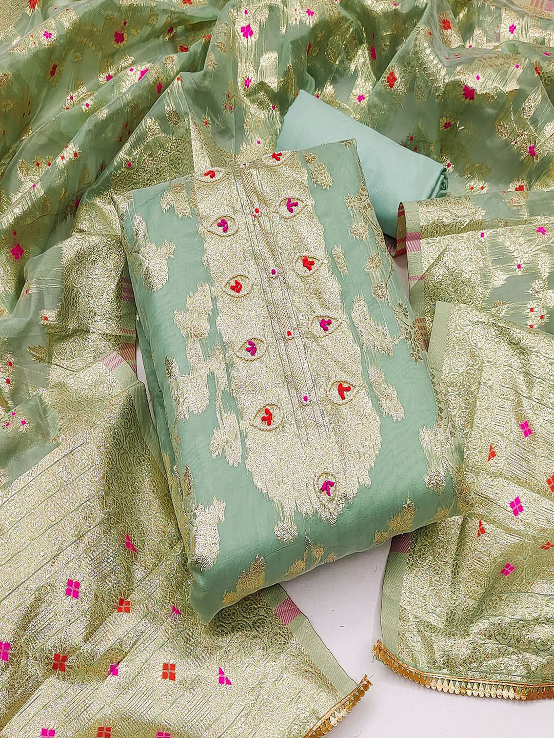 Lilots loral Woven Design Zari Organza Unstitched Dress Material