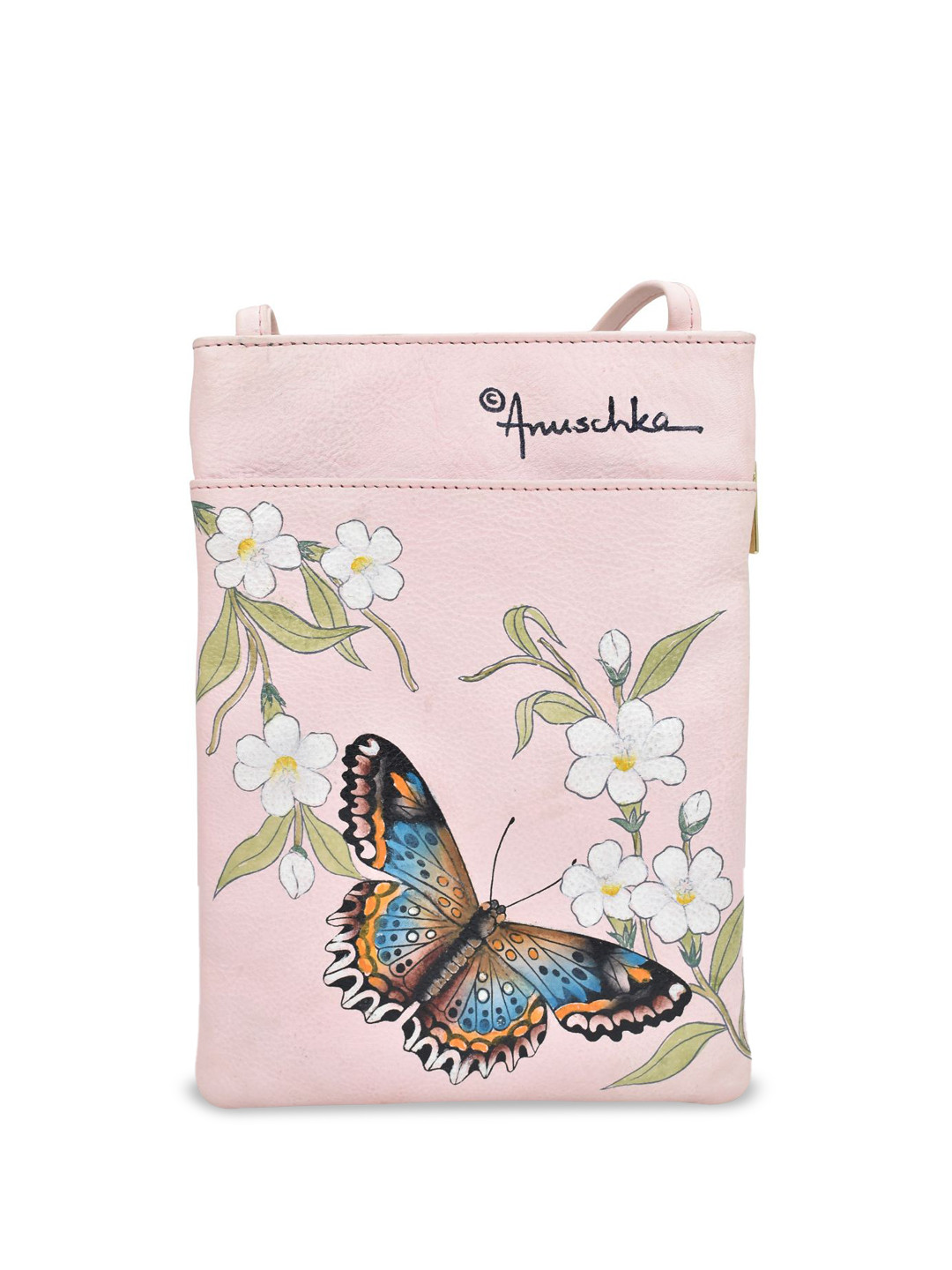 Anuschka Hand Painted Butterfly Melody Leather Mini Double Zip Travel Crossbody